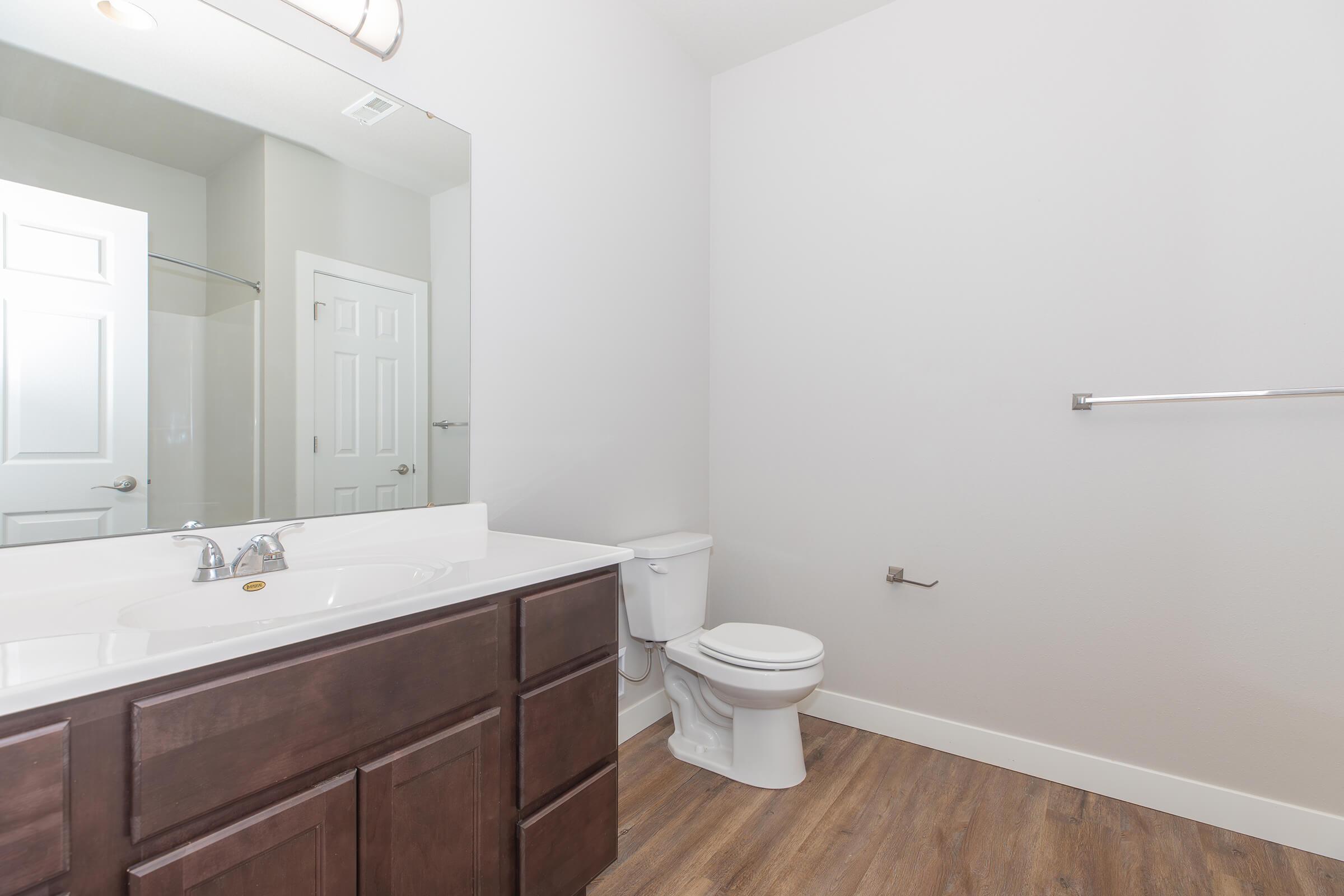 Modern bathroom with large vanity, mirror, and wood-style flooring at The Groves on Devils Glen in Bettendorf, IA