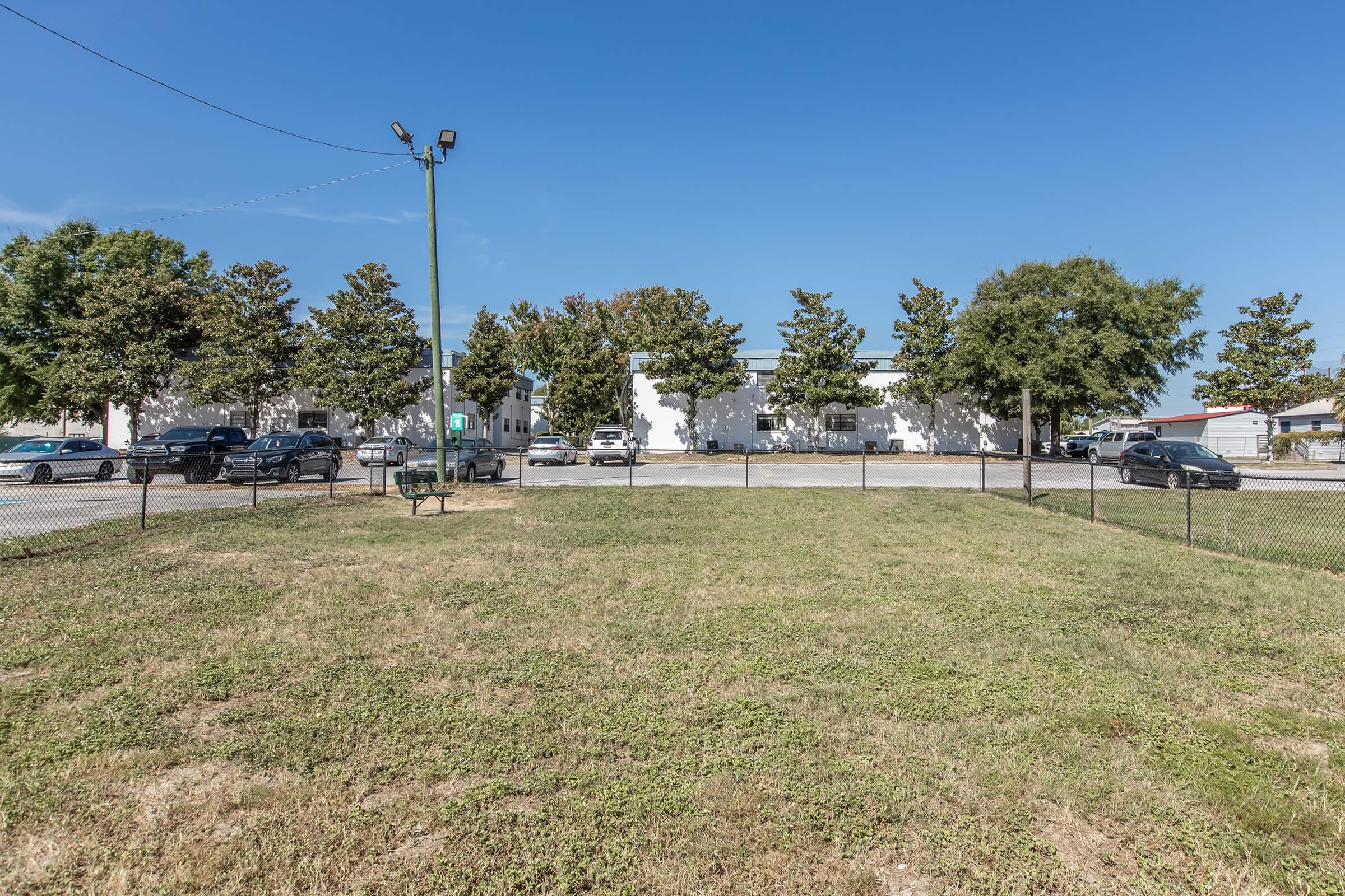 A clear sky over a grassy area with a fenced perimeter. In the background, there are several trees and a row of parked cars next to a building. The scene appears to be in a park or outdoor space, with a light pole providing illumination.