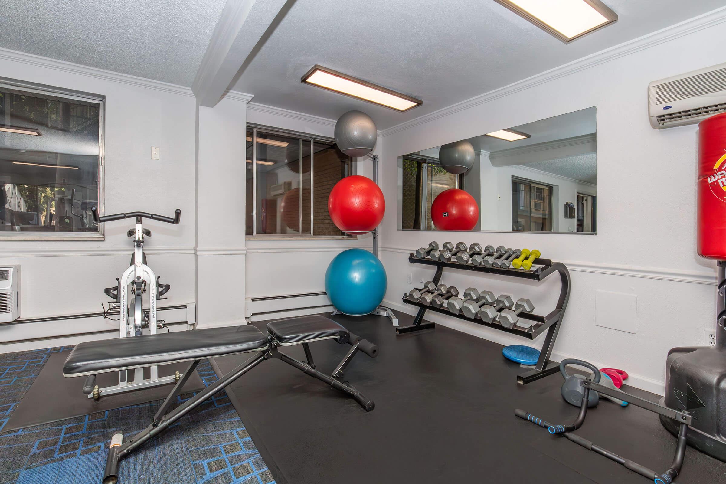 A modern gym area featuring a weight bench, dumbbell rack, exercise equipment, and colorful exercise balls. Mirrors reflect the space, enhancing visibility. The room is well-lit with natural light coming from windows, creating an inviting atmosphere for workouts.