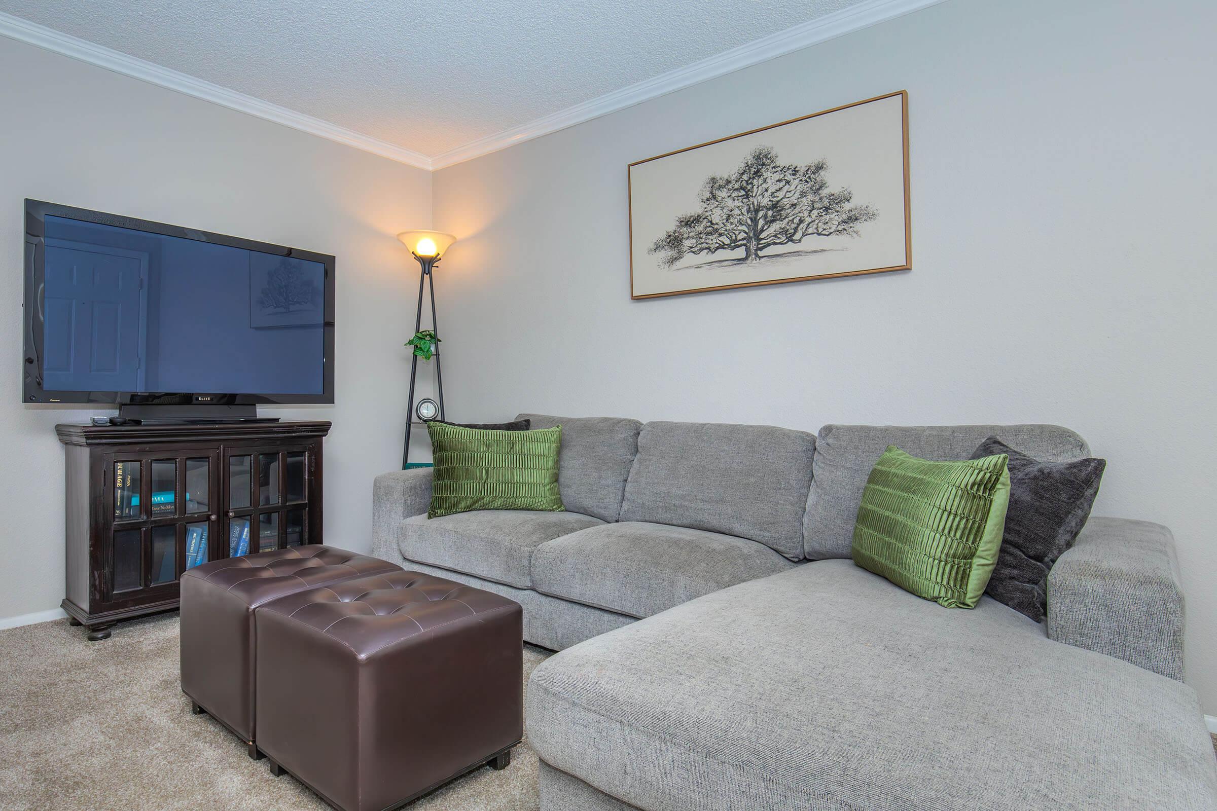A cozy living room featuring a gray sectional sofa with green accent pillows, two brown ottomans, a dark wooden TV stand, and a flat-screen television. A floor lamp provides soft lighting, and a framed artwork of a tree hangs on the wall, adding a touch of elegance to the space. Light carpet completes the inviting atmosphere.