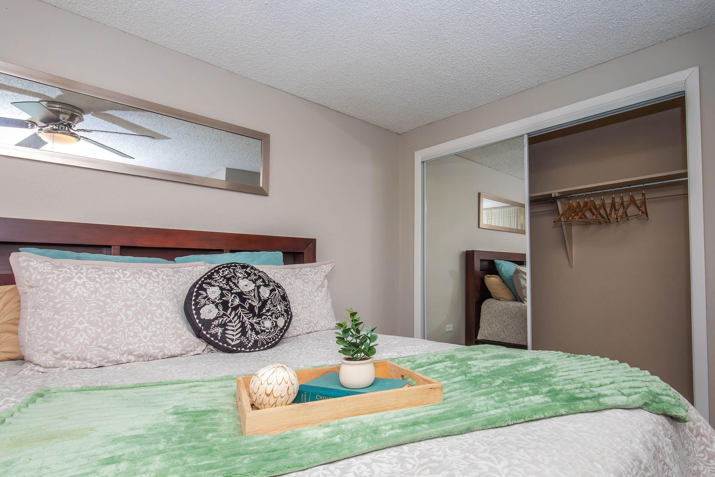 Cozy bedroom featuring a wooden bed with decorative pillows, a green throw blanket, and a wooden tray with a plant and decorative items. A ceiling fan is overhead, and a closet with hangers is visible in the background. Natural light flows into the room, enhancing its serene atmosphere.