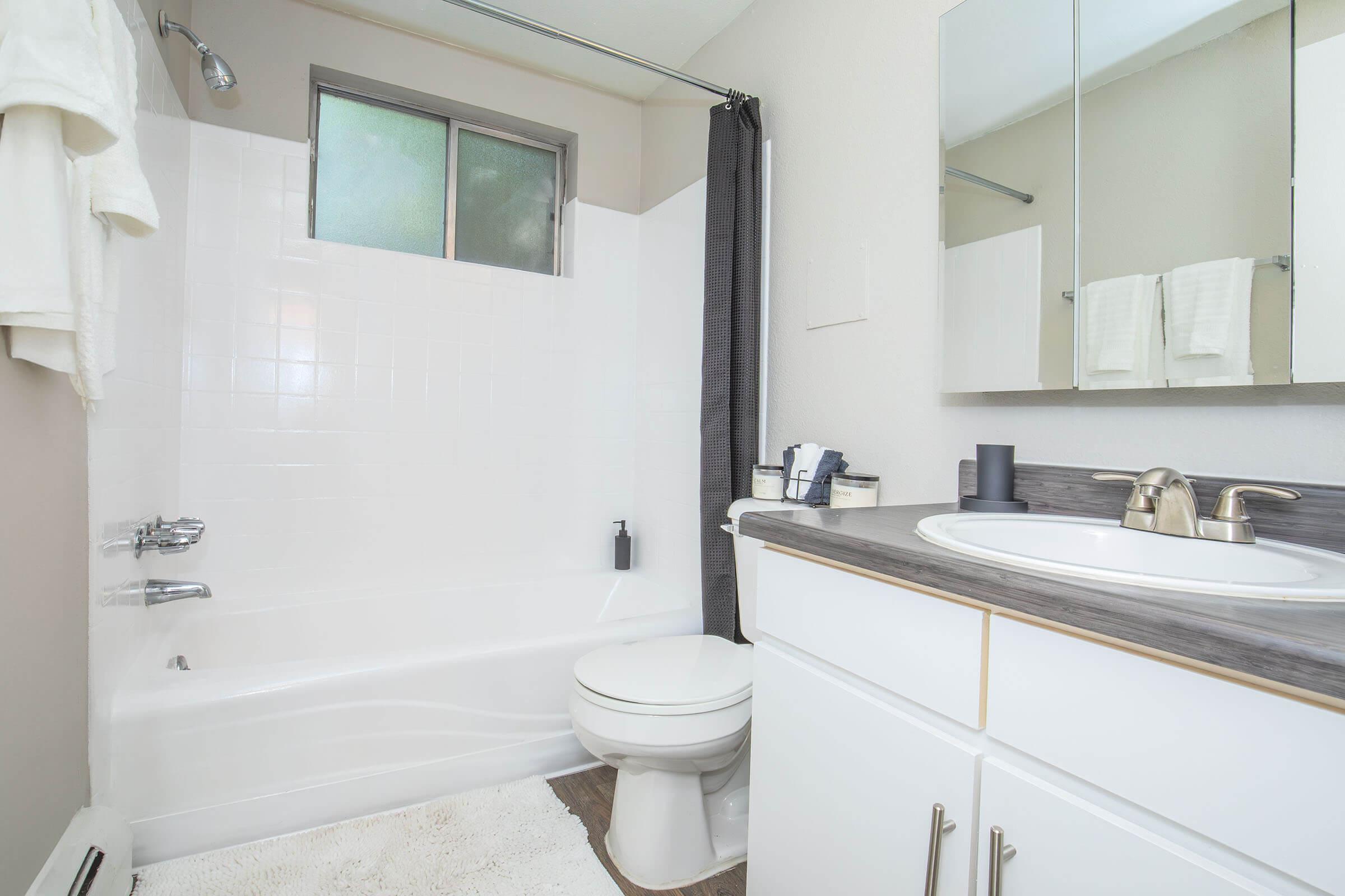A clean and modern bathroom featuring a bathtub with a shower, a toilet, and a sink with a countertop. There are towels hanging on the wall, and a mirror above the sink. The walls are painted in neutral tones, and the space appears well-lit and tidy.