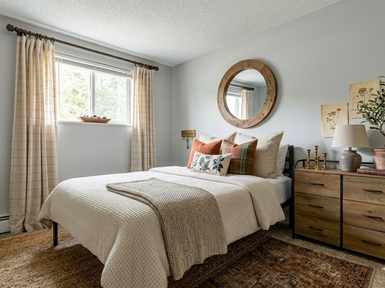 A cozy bedroom featuring a bed with decorative pillows, a beige blanket, and a rustic wooden headboard. Natural light streams in through a window adorned with sheer curtains. A round mirror hangs above a nightstand with a lamp, and a textured area rug adds warmth to the space. Decorative elements include a bowl and wall art.