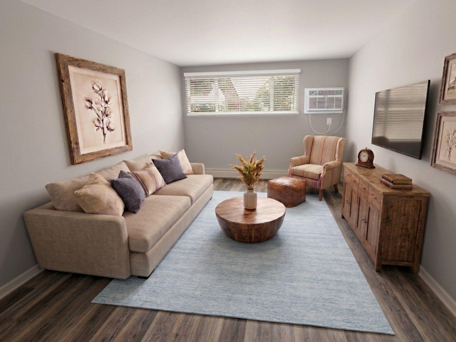A cozy living room featuring a light-colored sofa with decorative pillows, a round wooden coffee table, and an armchair with a striped pattern. There’s a wooden cabinet on one side, a wall-mounted TV, and framed artwork of flowers. Natural light enters through a window with blinds.