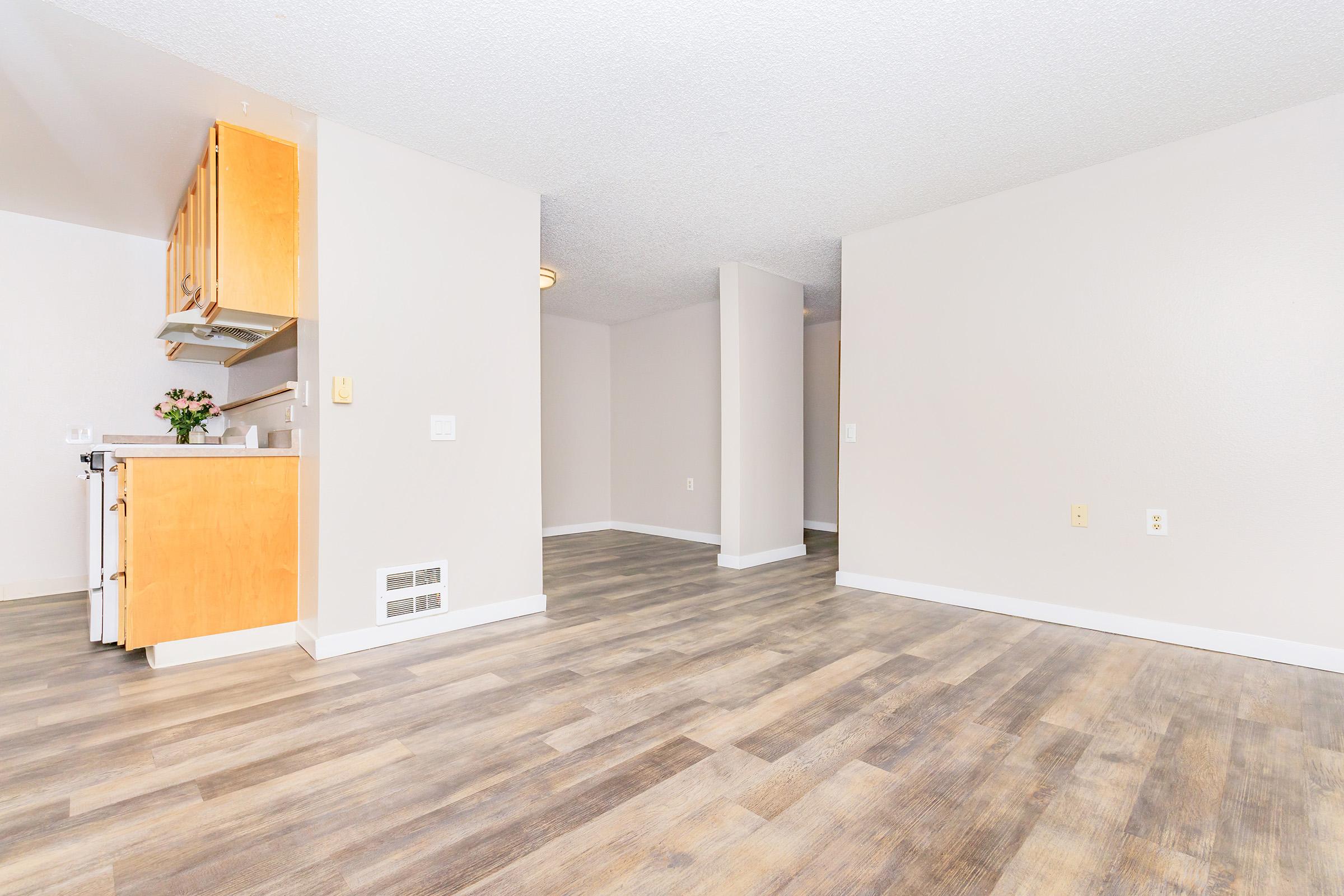 Interior view of a modern, vacant apartment showcasing a spacious living area with light-colored walls and new laminate flooring. The kitchen is visible on the left, featuring wooden cabinets and a small countertop. Light from a ceiling fixture brightens the space, creating a welcoming atmosphere.