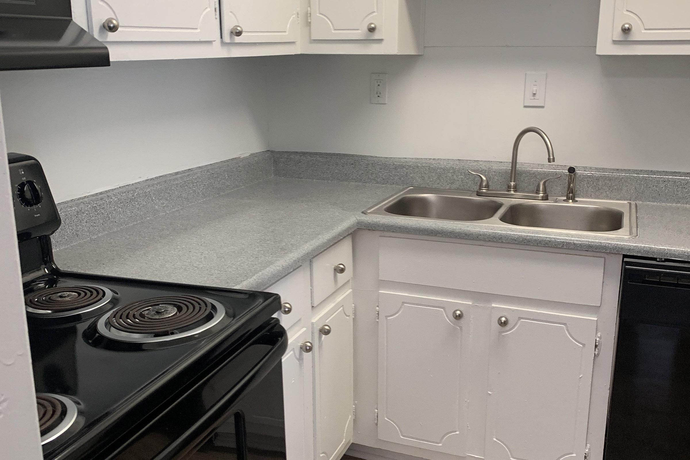 A small kitchen featuring white cabinetry, a black electric stove with four burners, a gray countertop, a double sink with a modern faucet, and a black dishwasher. The space is well-lit and neat, with a focus on functionality and simplicity.