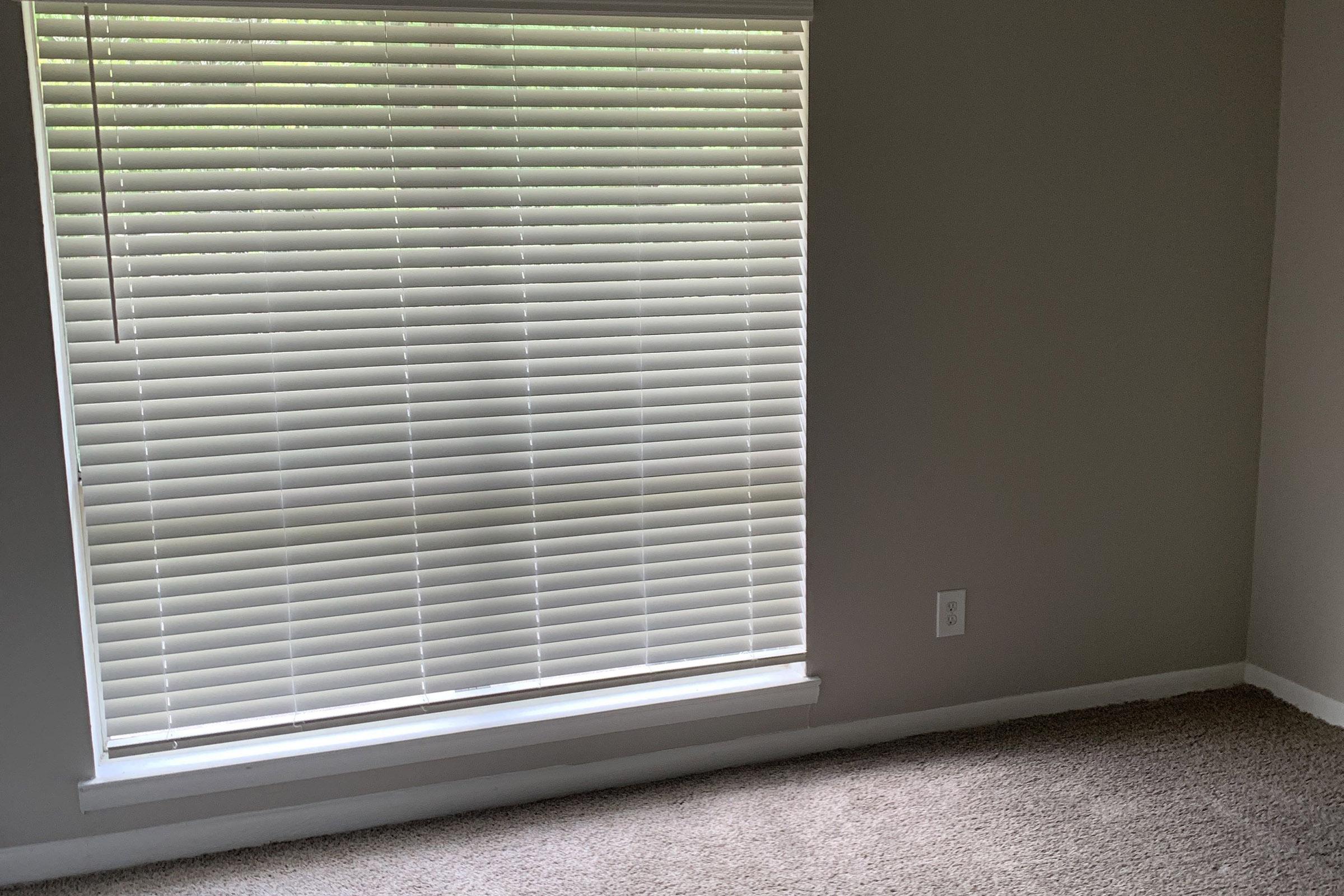 A corner of a room featuring a large window with white horizontal blinds partially drawn, allowing soft natural light to enter. The wall is painted a light neutral color, and the floor is covered with beige carpet. There are no furnishings visible in the space, creating a clean and empty appearance.