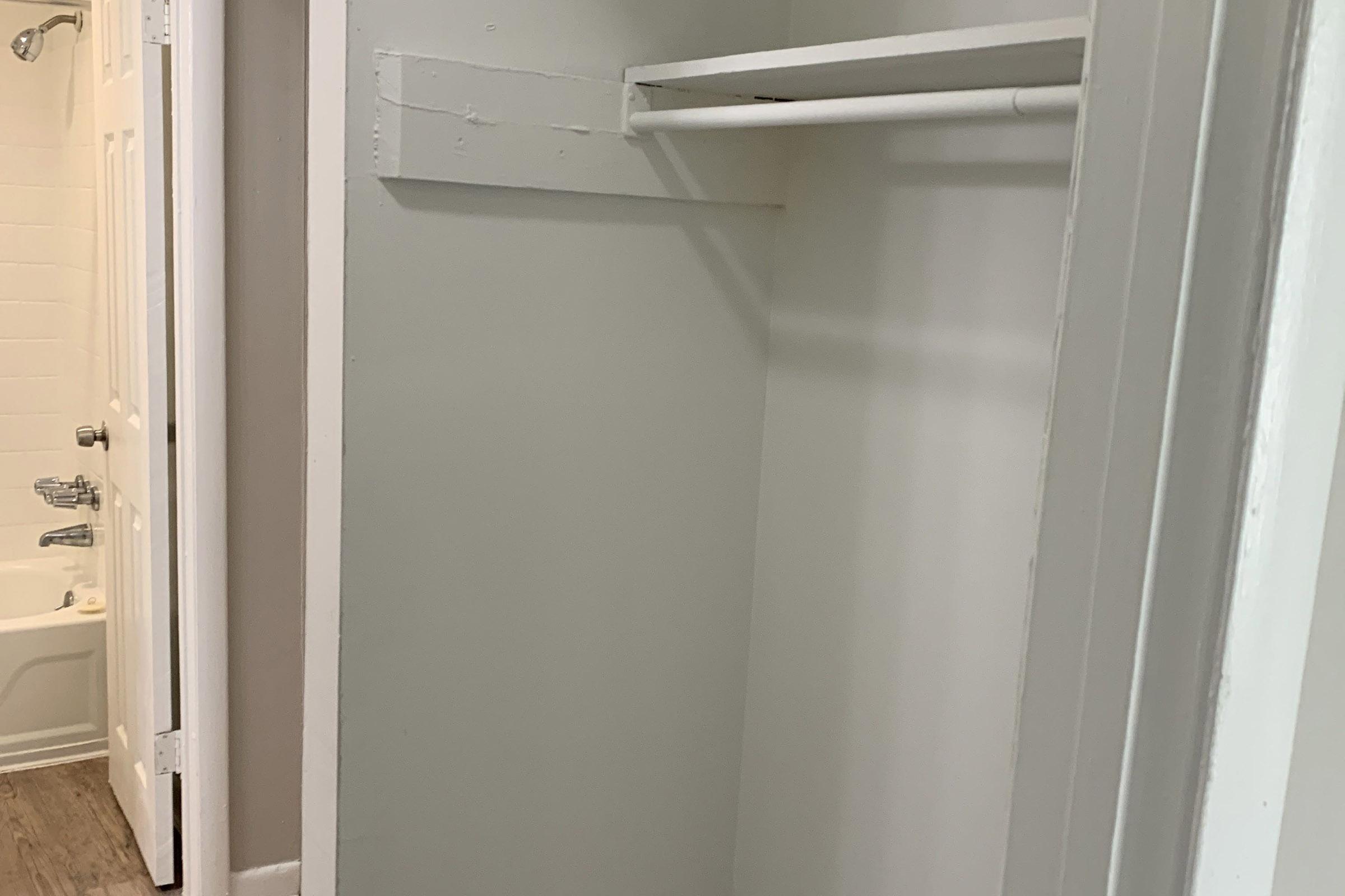 Empty closet space with a single hanging rod on the left side. The interior walls are painted light gray. In the background, a bathroom door is partially visible, showcasing a glimpse of a bathtub and shower. The flooring is a light brown wood-like texture.