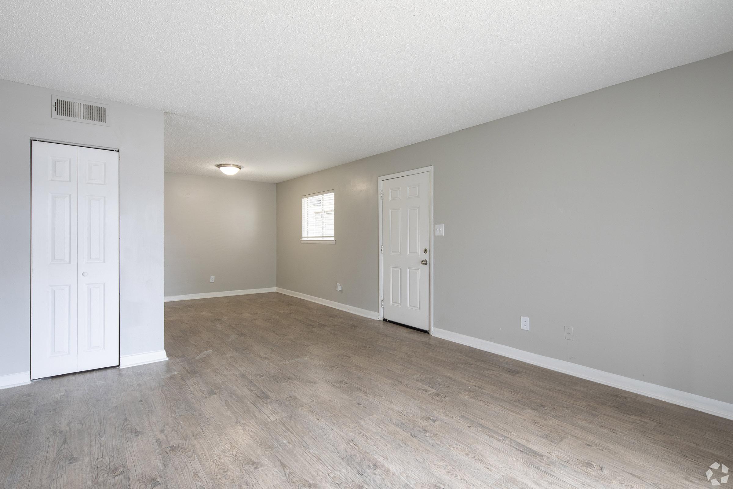 Empty living room featuring light gray walls, a light-colored floor, and a single window allowing natural light. There is a closed white door on one side and a small closet with white double doors on the left. The space appears clean and ready for furnishings.