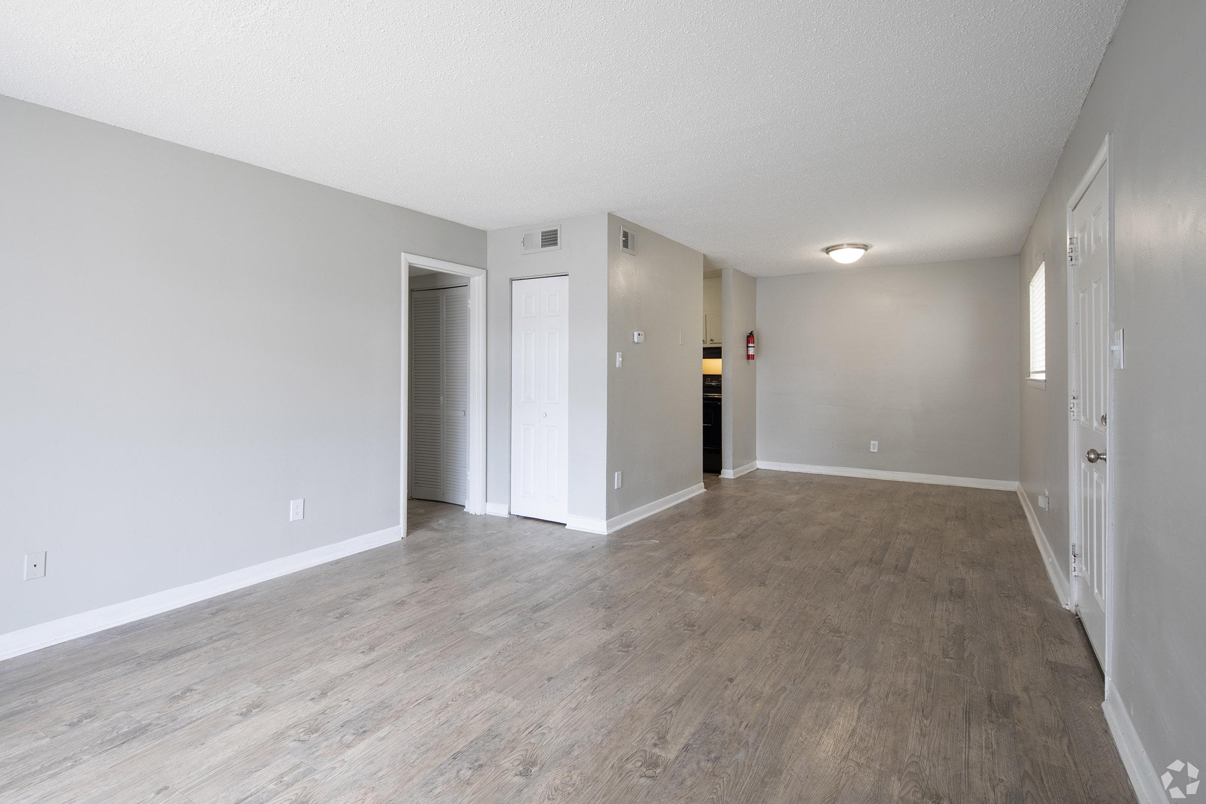 Spacious living area with light gray walls and wooden flooring. A doorway on the left leads to a closet, while a second doorway opens into another room. Natural light enters from the window on the far wall, and a ceiling light fixture adds illumination. The overall ambiance is bright and airy.