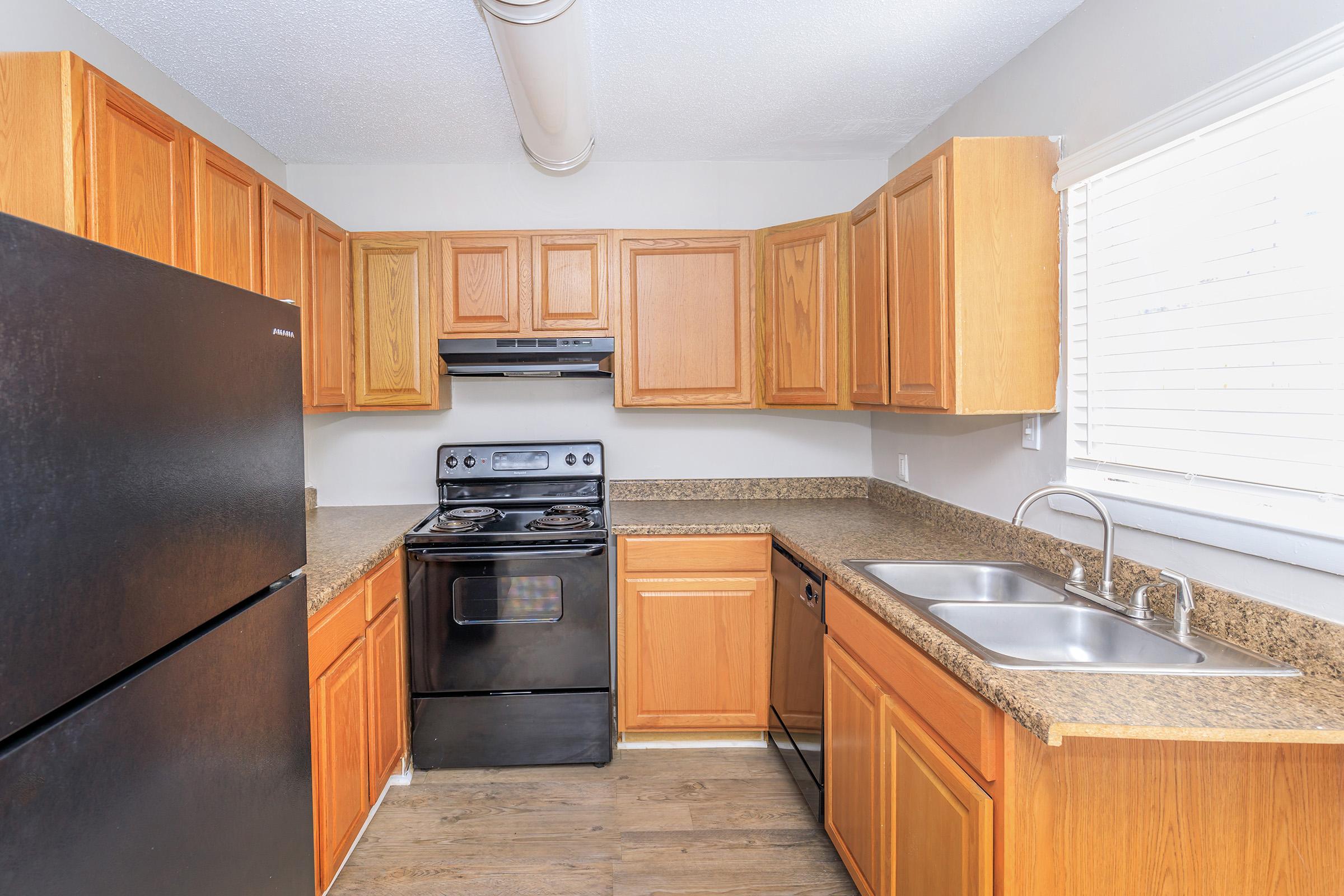 A modern kitchen featuring wooden cabinets, a black refrigerator, and a black stove. The countertop is made of a speckled granite material, and there are two stainless steel sinks. The room is well-lit with a window allowing natural light in. The flooring appears to be vinyl or laminate.