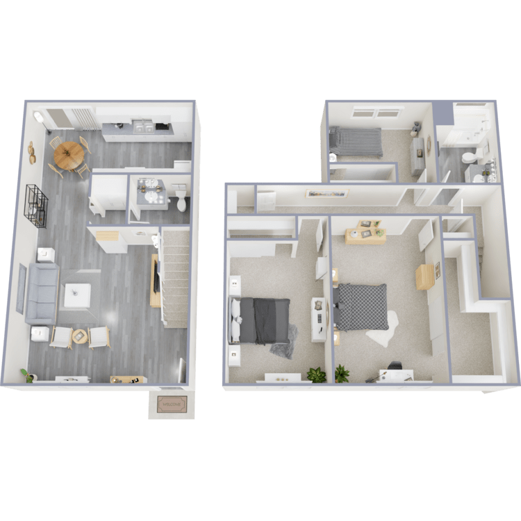 Plan E, a 3 bedroom 1.5 bathroom floor plan.