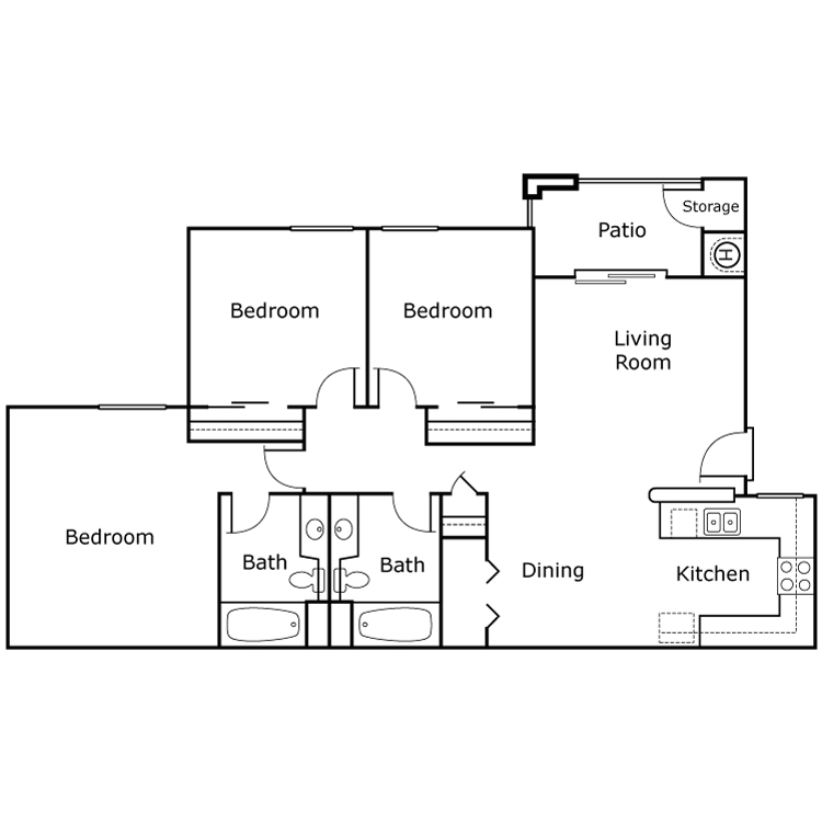 3 Bed 2 Bath, a 3 bedroom 2 bathroom floor plan.