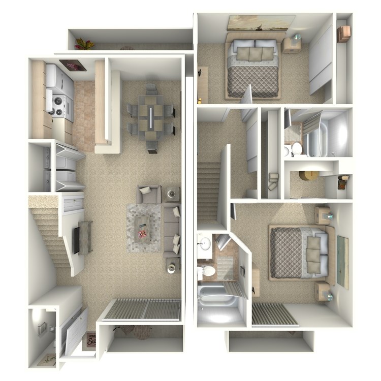 Plan B, a 2 bedroom 2.5 bathroom floor plan.