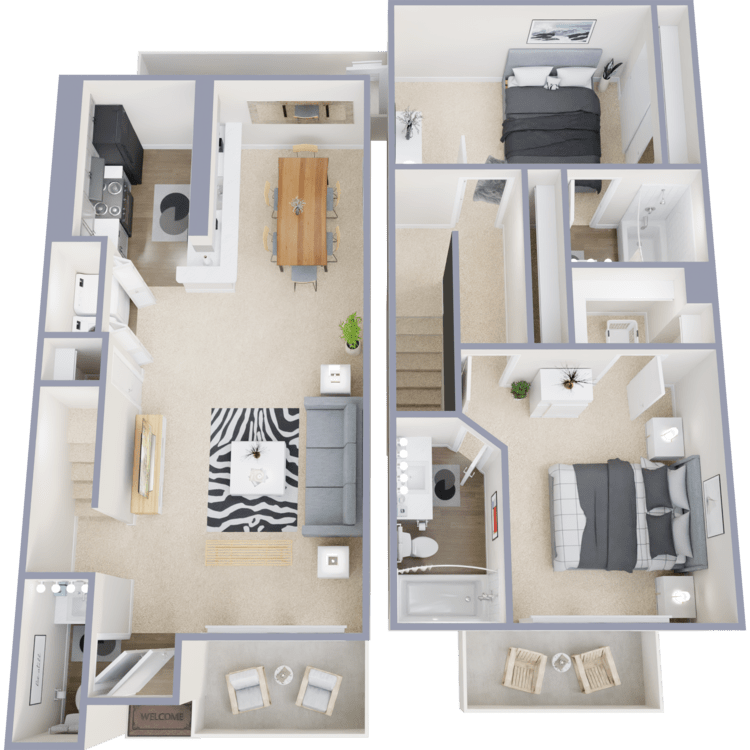 Plan B, a 2 bedroom 2.5 bathroom floor plan.