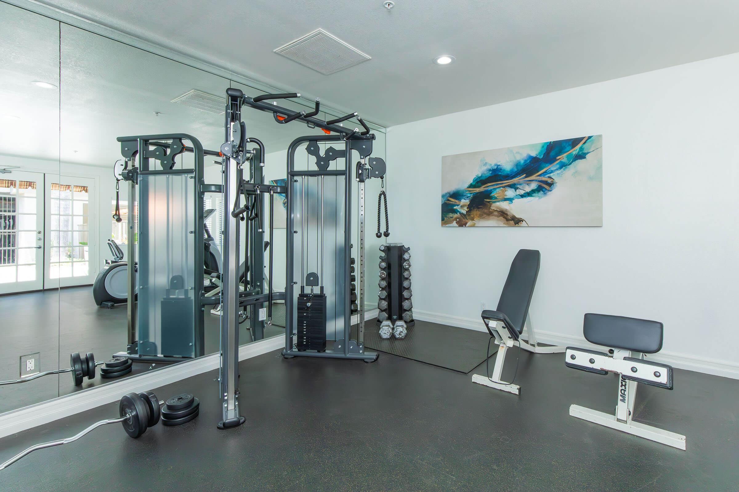 A modern gym interior featuring a cable machine, a bench press, free weights, and a large mirror. The walls are painted white, with a blue abstract painting adding a touch of color. Natural light enters through windows, creating a bright and inviting workout space.