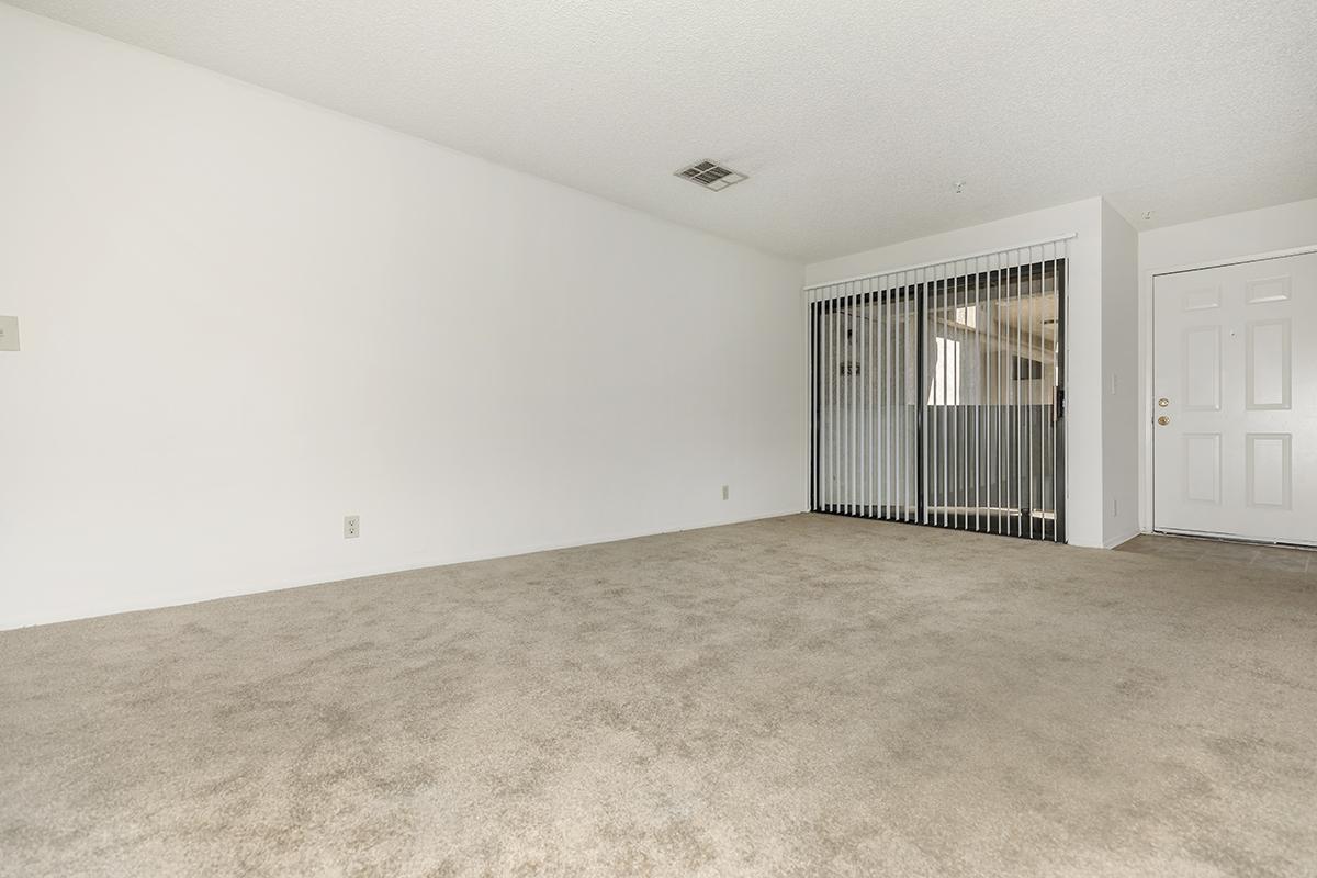 A spacious, empty room with beige carpet and white walls. A door on the right leads outside, while a sliding door with vertical blinds is on the left, suggesting a connection to an outdoor area. The overall atmosphere is bright and open, ready for personalization.