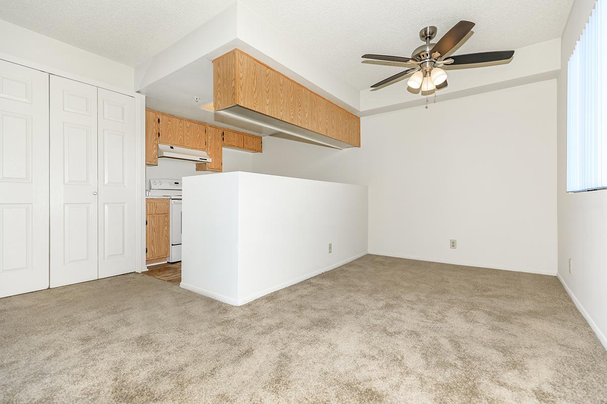 A spacious, empty living area with light-colored carpet and ceiling fan. The room features a partitioned kitchen area with wooden cabinets, an oven, and a refrigerator visible. Natural light enters through a large window with blinds. There are two closed closet doors on one wall.