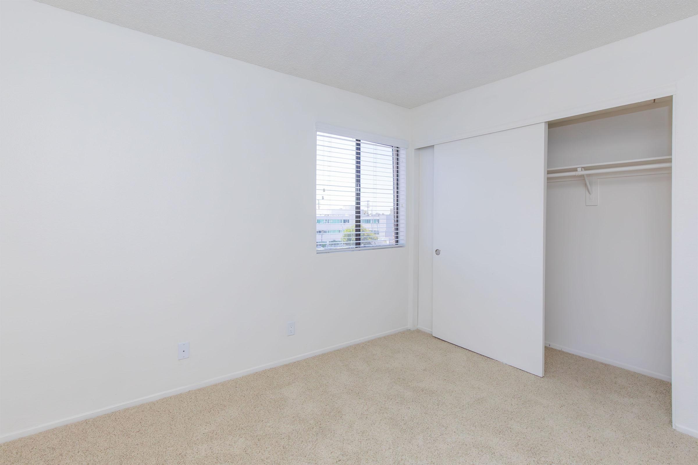 An empty room with beige carpet and white walls. A window with blinds allows natural light to enter. There is a closet with sliding doors on the right side of the image. The room appears clean and minimally furnished, creating a spacious and inviting atmosphere.