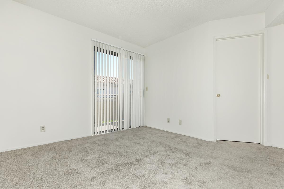 Empty room with light-colored walls and carpet. A sliding glass door with vertical blinds leads to an outdoor area. There’s a plain white door on one wall, and several electrical outlets are visible. The space appears bright and uncluttered, suitable for various uses.