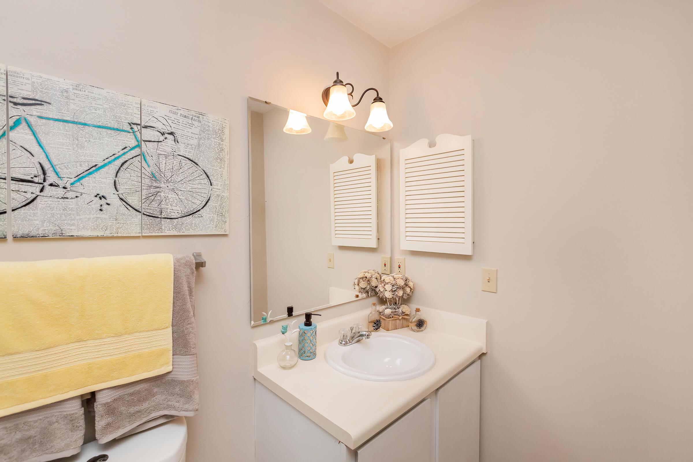 a white sink sitting under a mirror