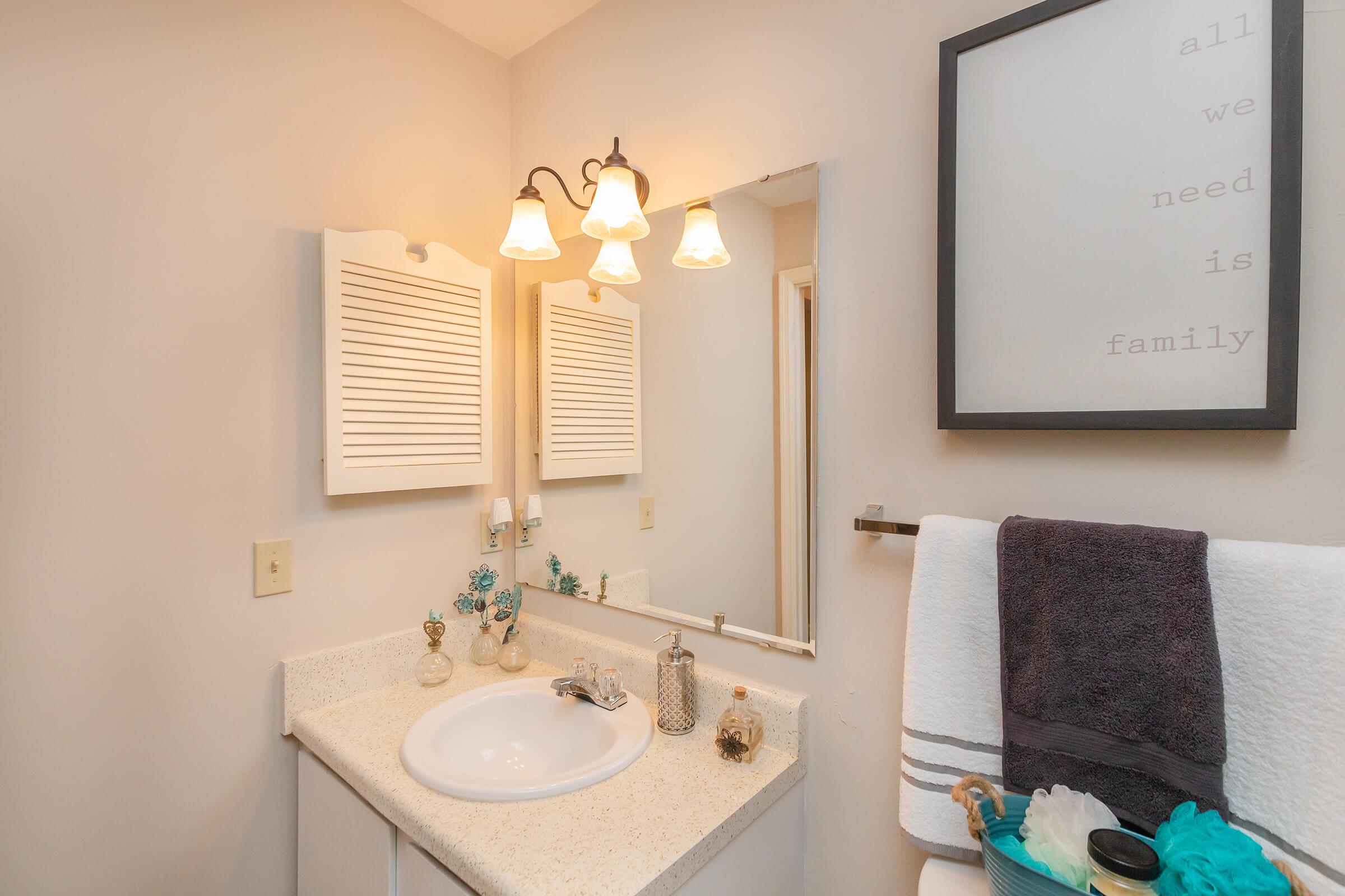 a white sink sitting under a mirror