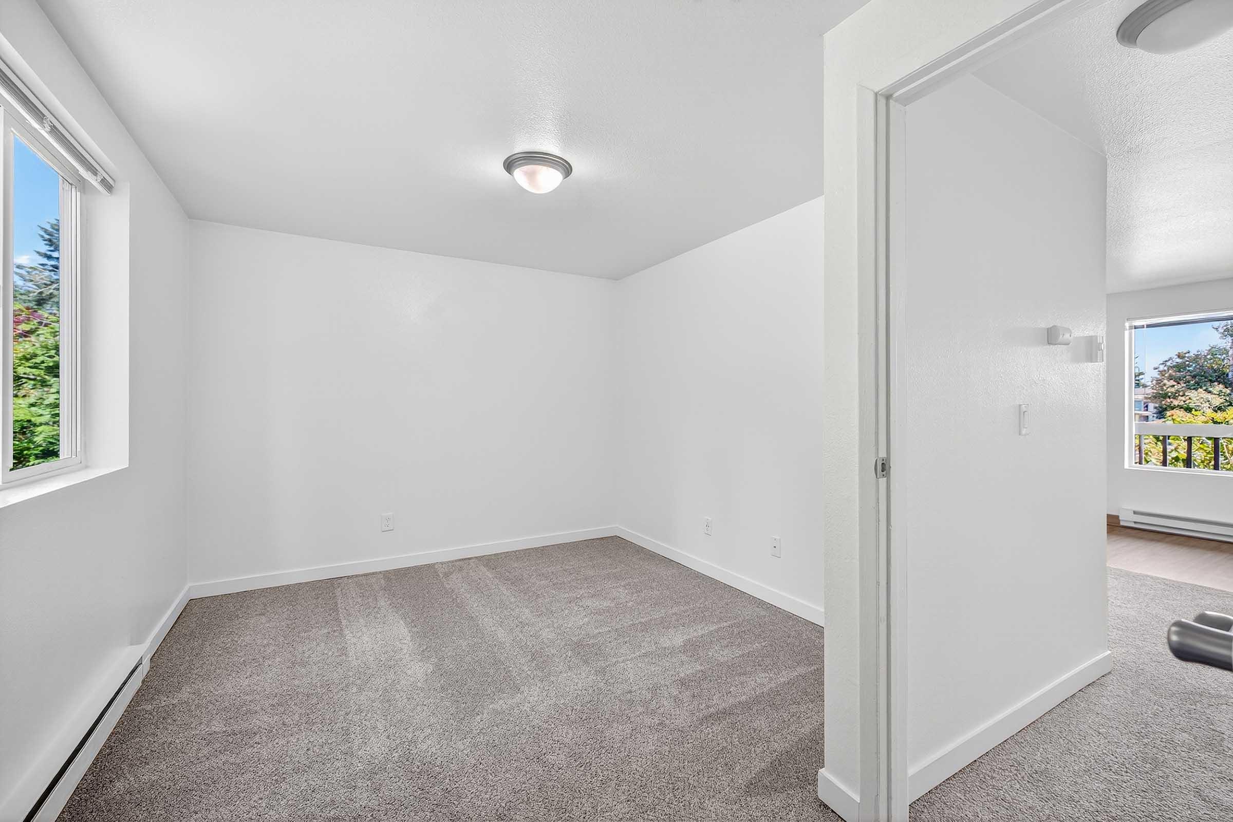 Bright room with freshly painted white walls and a light grey carpet. A ceiling light fixture illuminates the space. One wall has a window allowing natural light. A doorway on the left leads to another area, while the opposite side shows another room with a view of greenery outside.