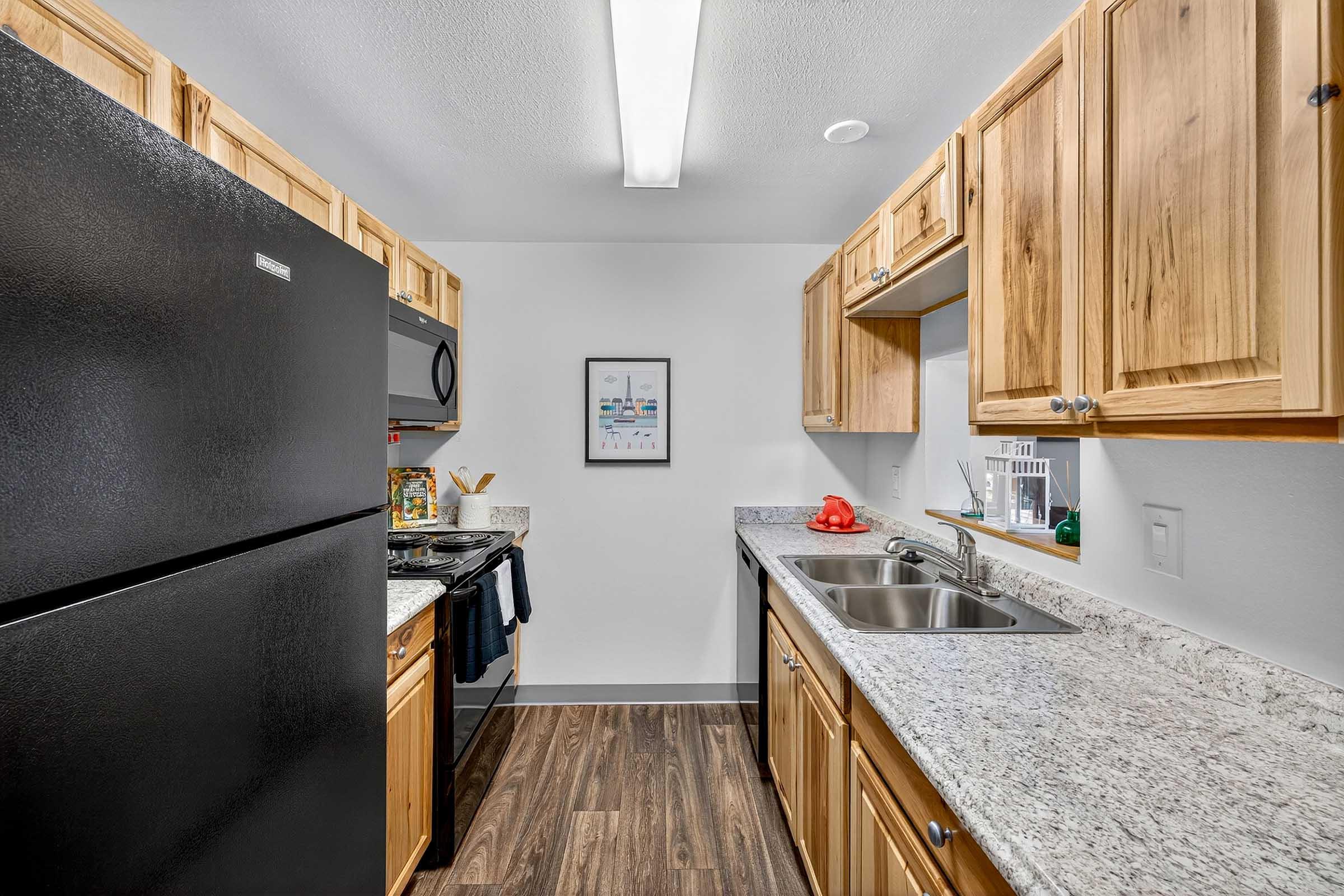 A modern kitchen featuring wooden cabinetry, granite countertops, a black refrigerator, and a black stove. There are two stainless steel sinks, a window, and a wall-mounted framed print. The flooring is dark wood, and kitchen essentials are neatly arranged.