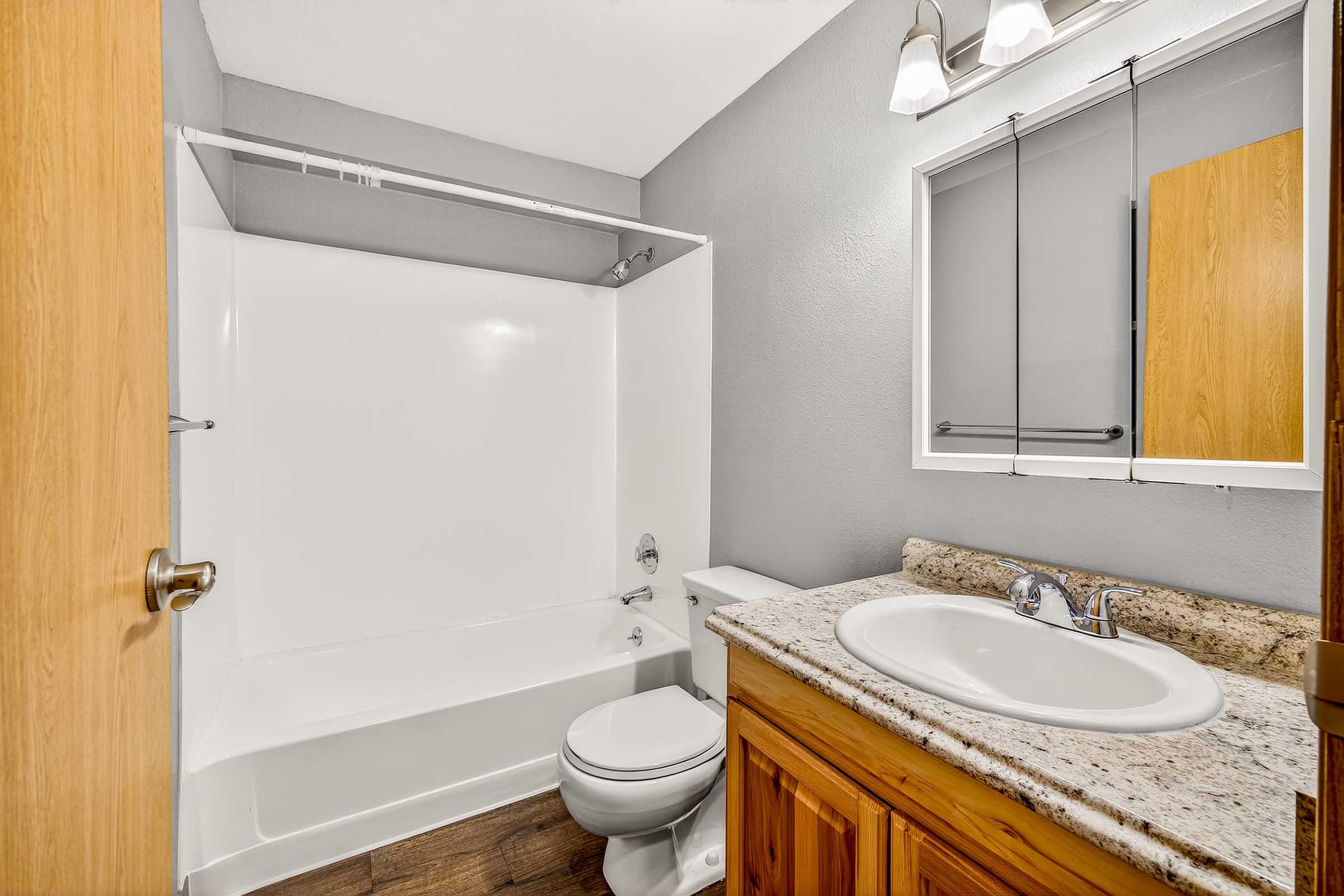 A modern bathroom featuring a white bathtub and shower combination, a granite countertop sink with a chrome faucet, and wooden cabinetry. The walls are painted gray, complemented by a large mirror and light fixtures above the sink. A door leads to the bathroom, and the flooring is covered with wooden planks.