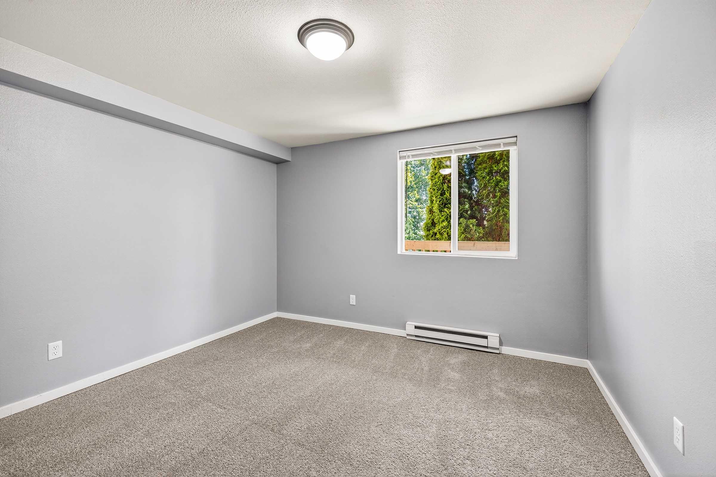 A vacant, unfurnished room with light gray walls and carpet. It features a window with a view of greenery outside, and there's a ceiling light fixture. The floor is clear, emphasizing the room's spaciousness and neutral decor, suitable for various uses or styling.