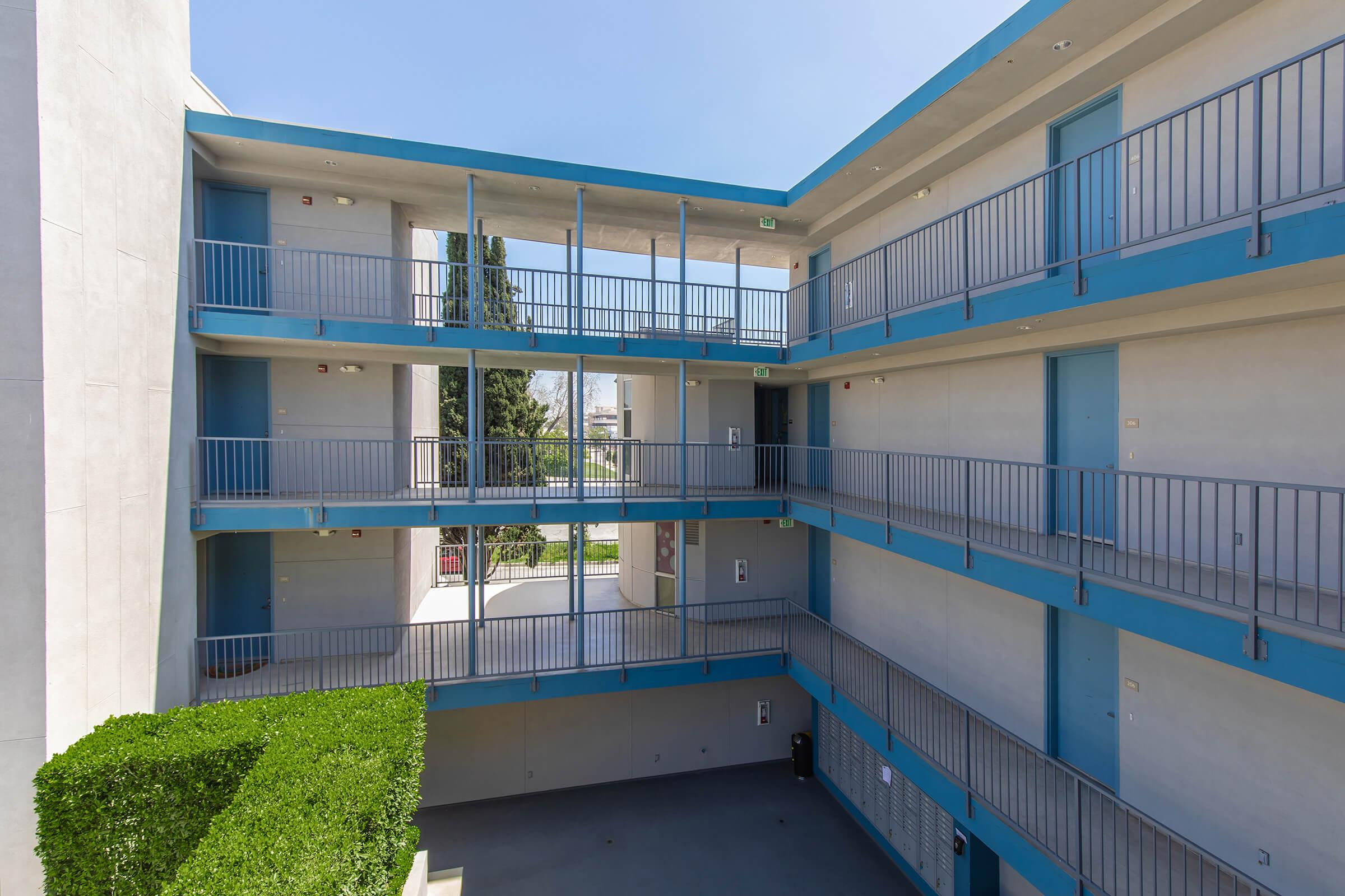 a blue and green building