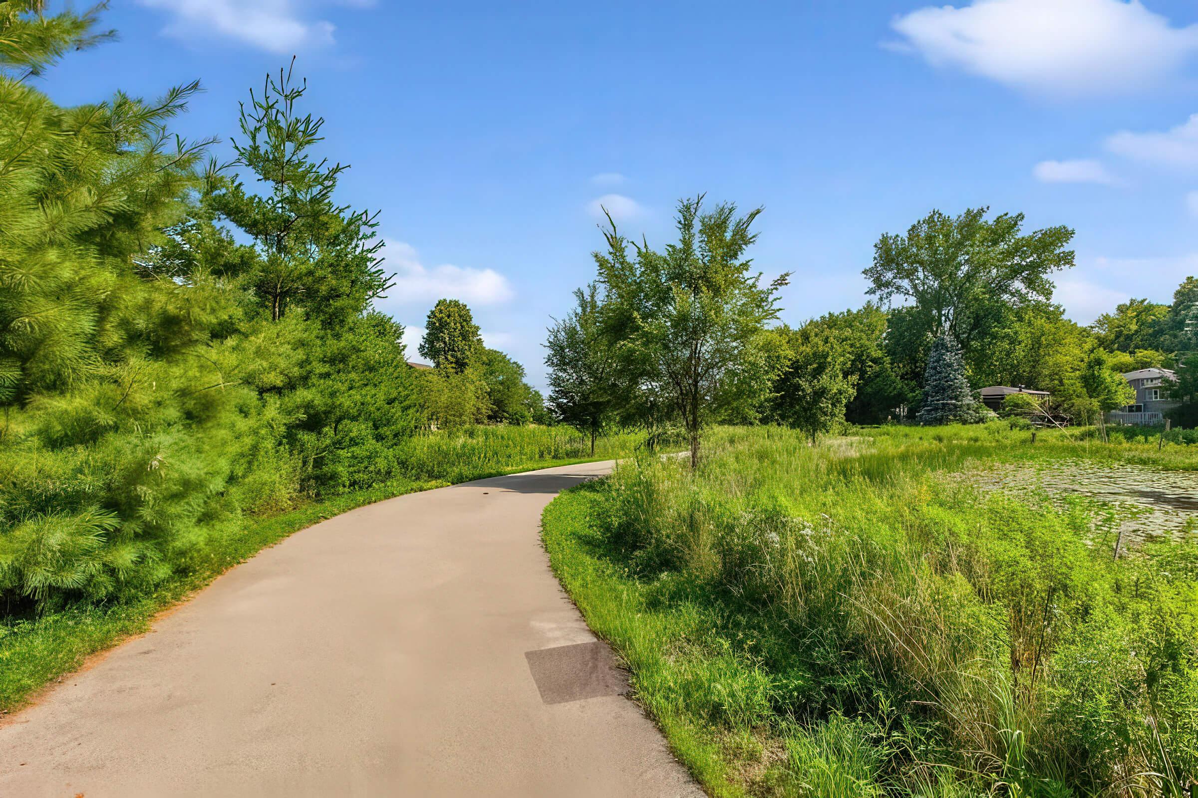 A winding pathway through a lush green park, flanked by trees and shrubs. The scene features a clear blue sky and a calm pond reflecting the greenery. The path invites walkers, surrounded by abundant foliage and a peaceful natural setting.