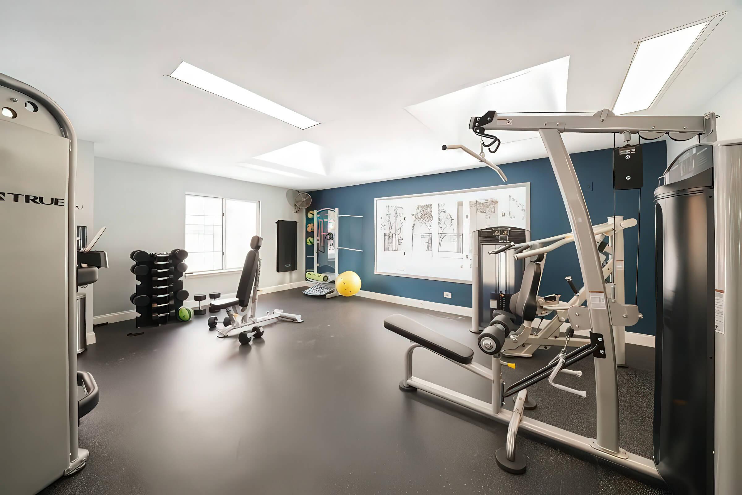 A modern home gym featuring various exercise equipment including weight machines, a bench, and free weights. The room has large windows for natural light, and a bright, open atmosphere with a rubber flooring surface. Walls are painted light blue, creating a fresh and inviting workout space.