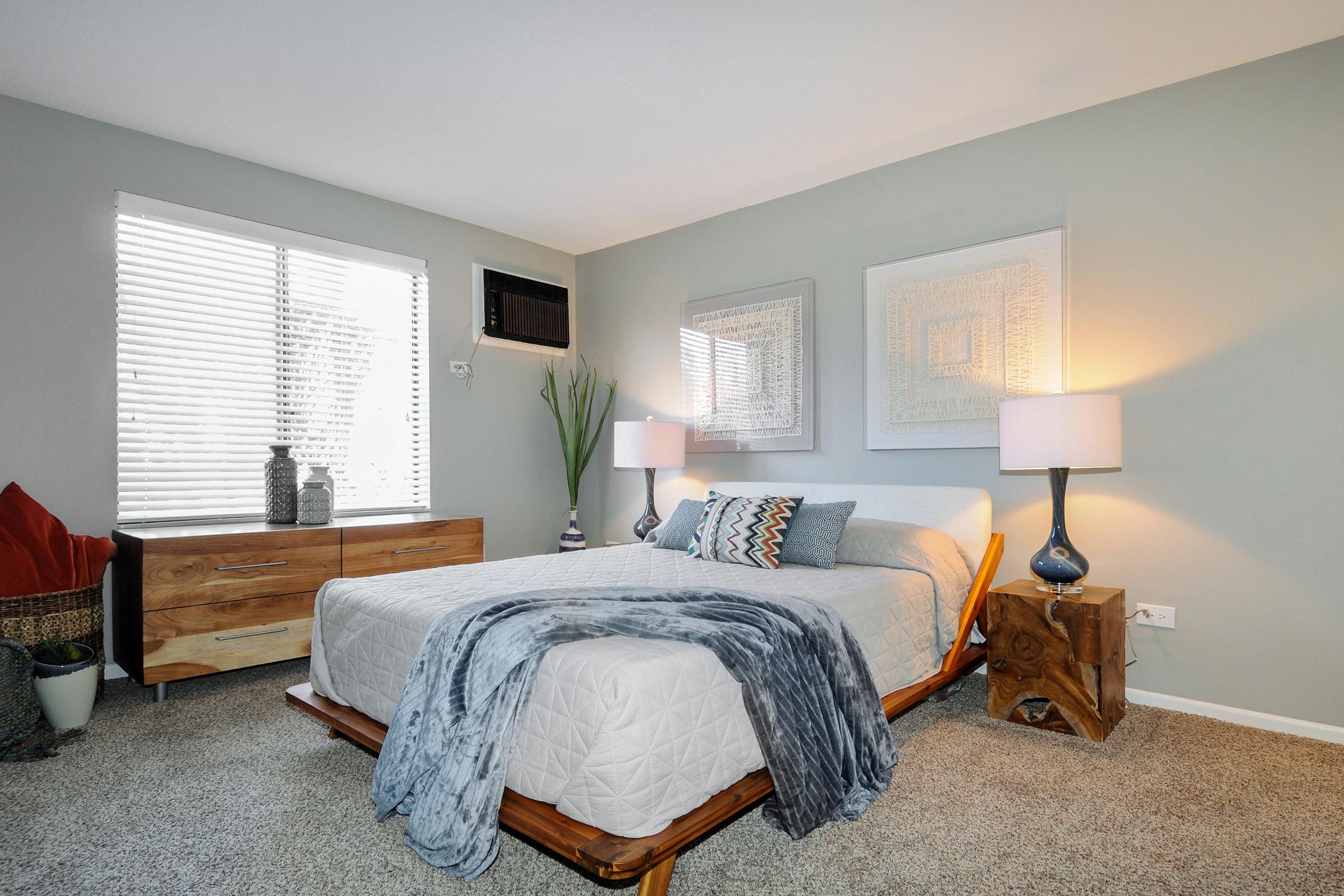A cozy bedroom featuring a neatly made bed with gray and blue bedding, a patterned pillow, and a decorative throw blanket. The room has light gray walls, a window with white blinds, a nightstand with a table lamp, and a wooden dresser. There are decorative plants and artwork on the walls, adding warmth to the space.