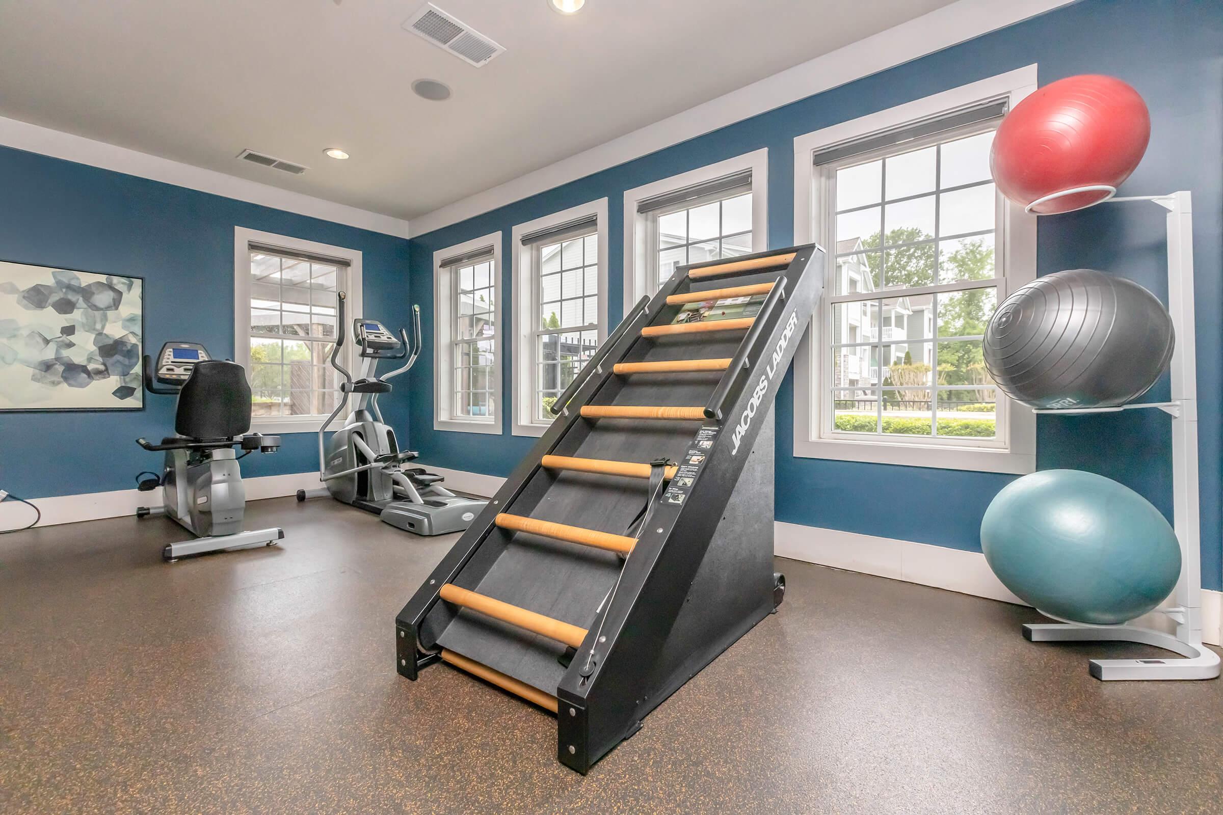 A modern fitness room featuring a stair climber machine with wooden steps, an elliptical machine, and exercise balls. The walls are painted blue, and large windows allow natural light to illuminate the space. The floor is covered with dark rubber flooring, creating a functional workout environment.