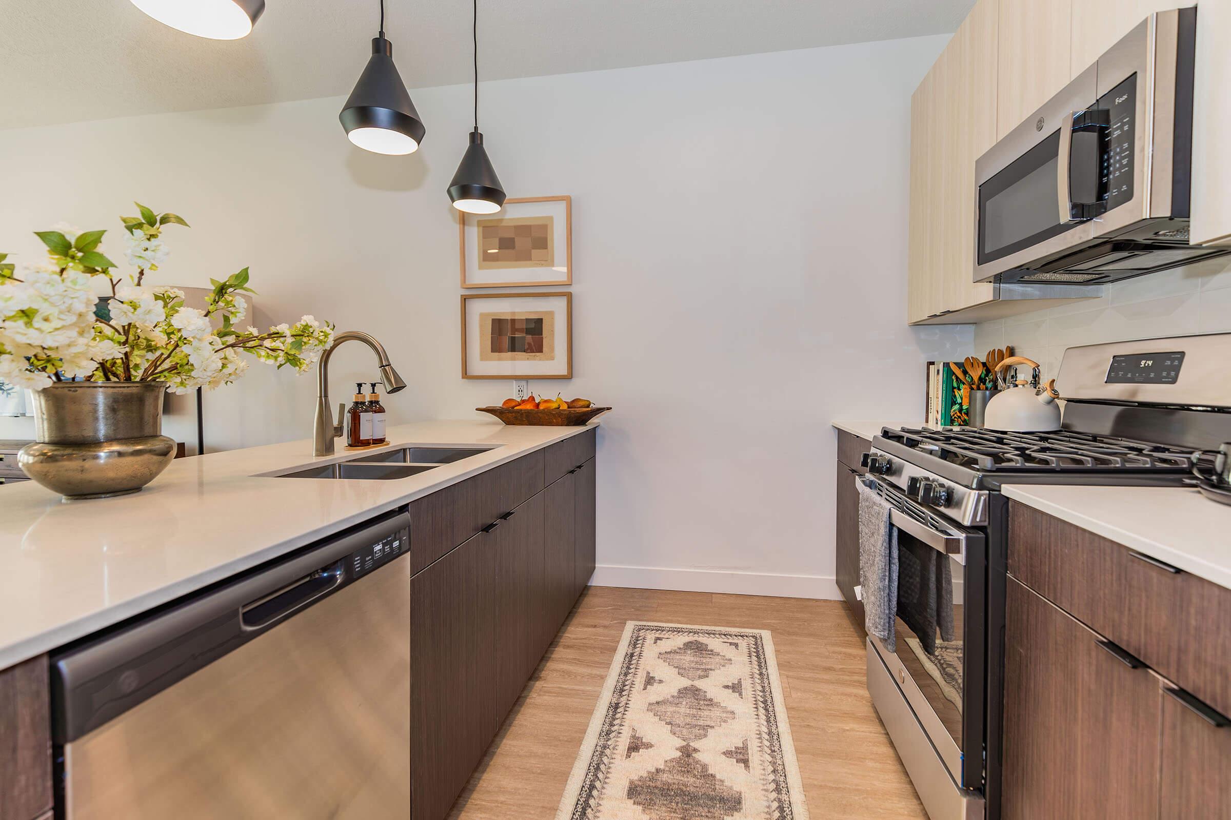 Modern kitchen featuring sleek dark cabinets, stainless steel appliances, and a light-colored countertop. Under-cabinet lighting illuminates the space, with decorative framed art on the wall and a bowl of fruit on the counter. A patterned runner adds a touch of warmth to the floor.