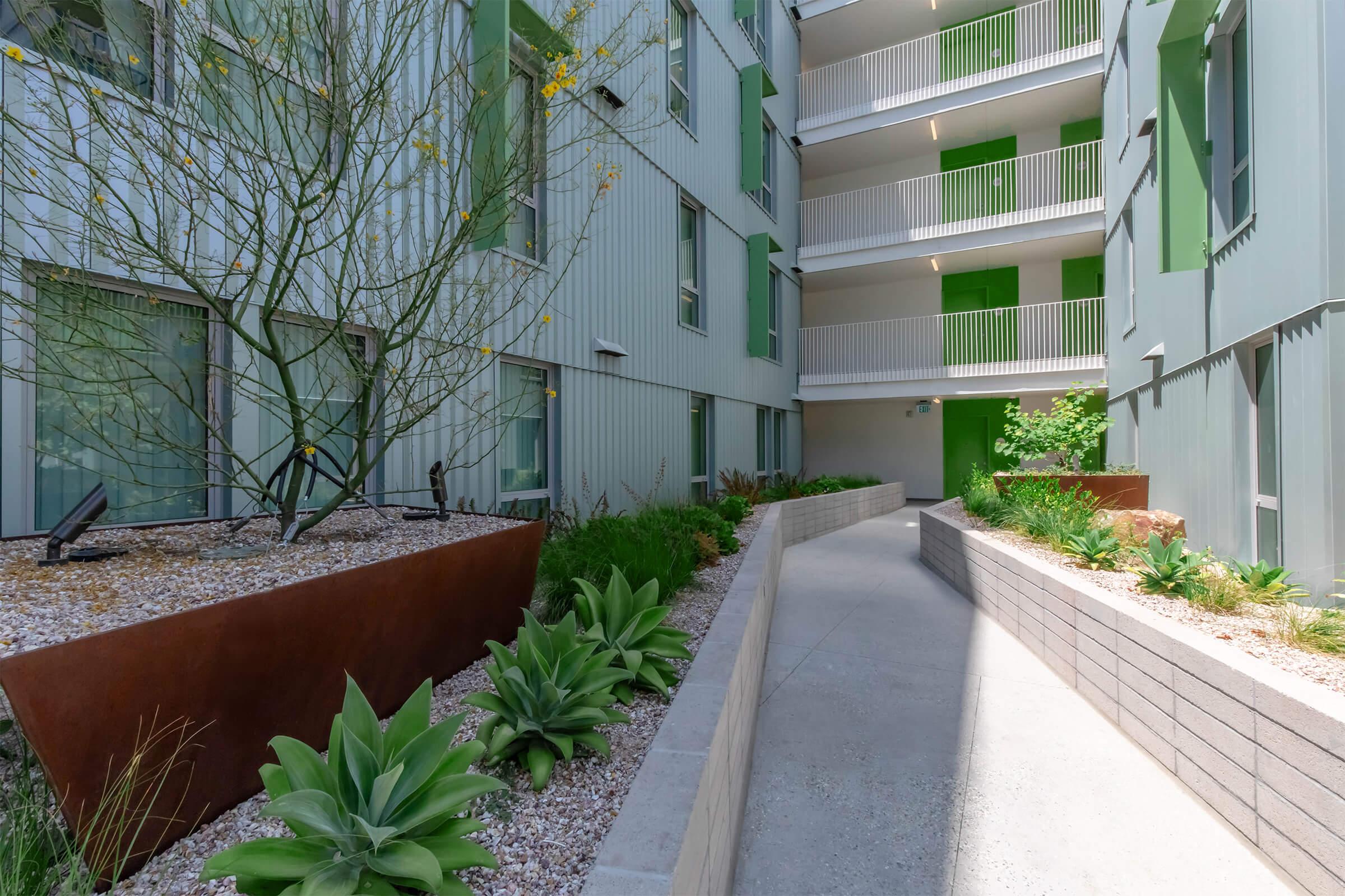 A modern courtyard featuring landscaped pathways with a variety of plants, including succulents and shrubs, surrounded by contemporary building facades. Soft natural light illuminates the area, highlighting the combination of greenery and architectural features.