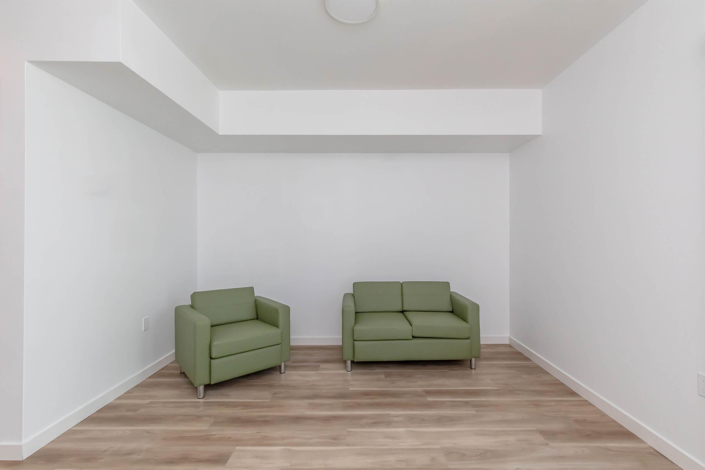 A minimalistic room featuring two green sofas: one is a compact armchair and the other is a two-seater couch. The walls are white, and the flooring is light-colored wood. There is an overhead light fixture but no additional furniture or decor present.