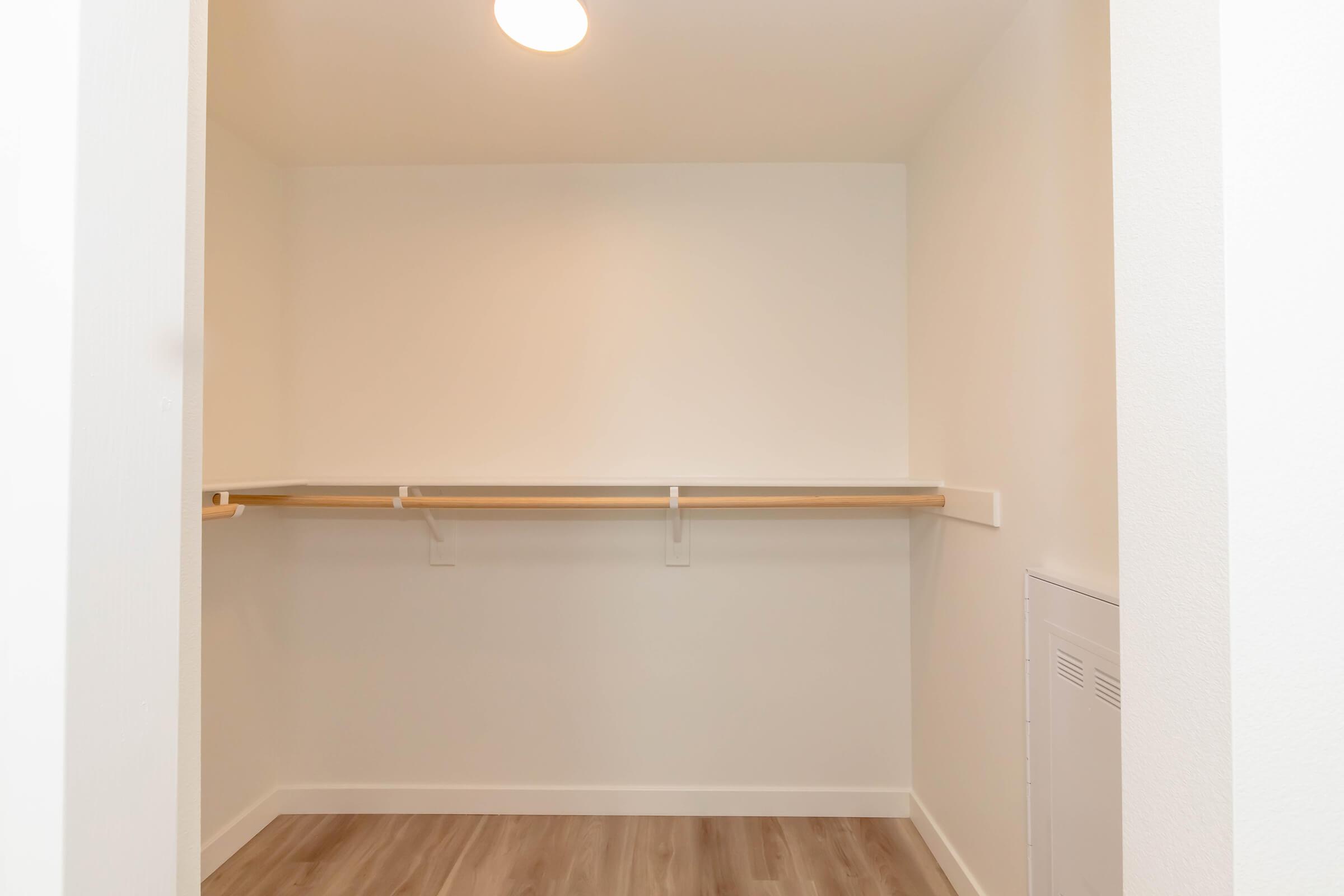 An empty walk-in closet featuring light-colored walls, a single overhead light, two wooden shelves mounted on the wall, and a floor with a wood-like finish. The space is uncluttered and bright, providing ample room for storage.