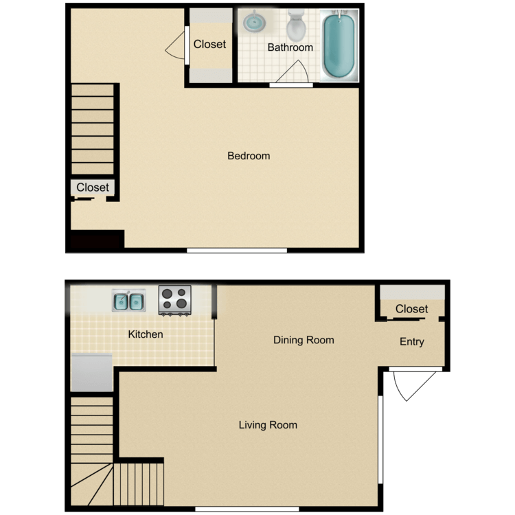 Floor plan image of A2 1 Bed 1 Bath Townhome