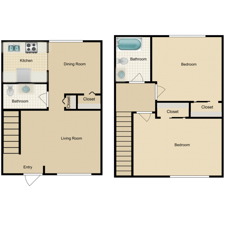 Floor plan image of B2 2 Bed 1.5 Bath Townhome