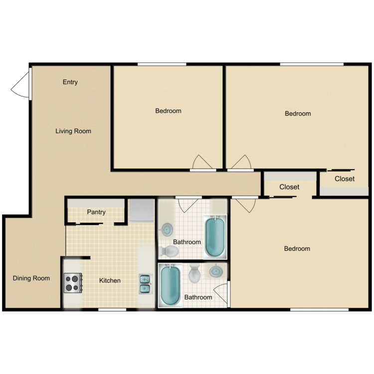 Floor plan image of C1 3 Bed 2 Bath Flat
