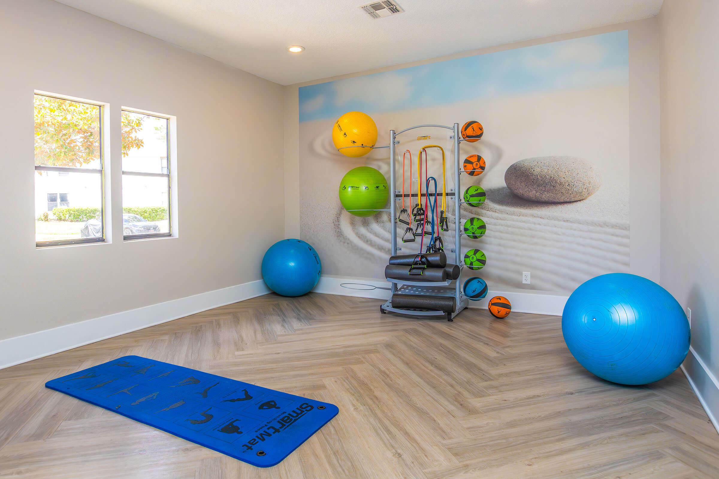 A bright and spacious exercise room featuring a blue yoga mat on the floor, a set of colorful exercise balls (green, yellow, orange), and fitness equipment mounted on the wall. Large windows allow natural light to fill the space, enhancing the tranquil atmosphere with a soft beach-themed mural in the background.