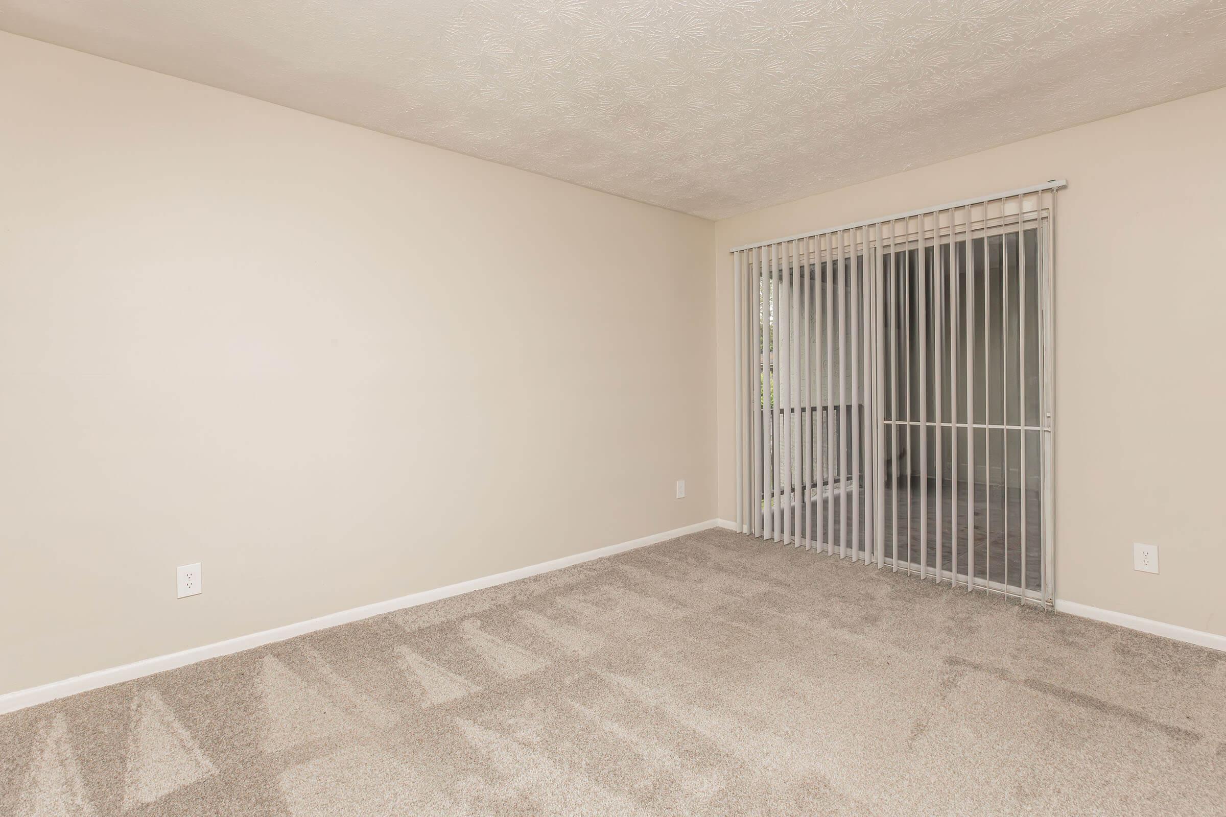 A vacant room featuring beige walls, light brown carpeting, and a large sliding glass door with vertical blinds. Natural light filters in from outside, illuminating the space, which is ready for furniture or decoration.