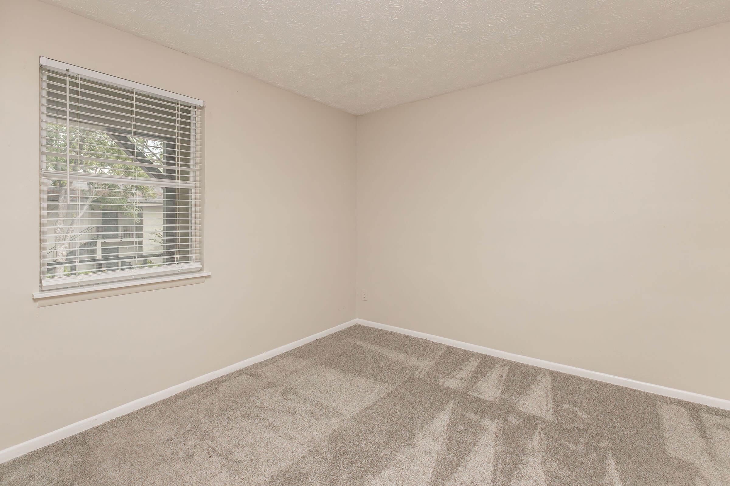 Empty room with light beige walls and a window featuring white blinds. The floor is covered in soft, light-colored carpet. Natural light filters in through the window, casting shadows on the carpet. The space appears clean and uncluttered, suitable for various uses or personal decoration.