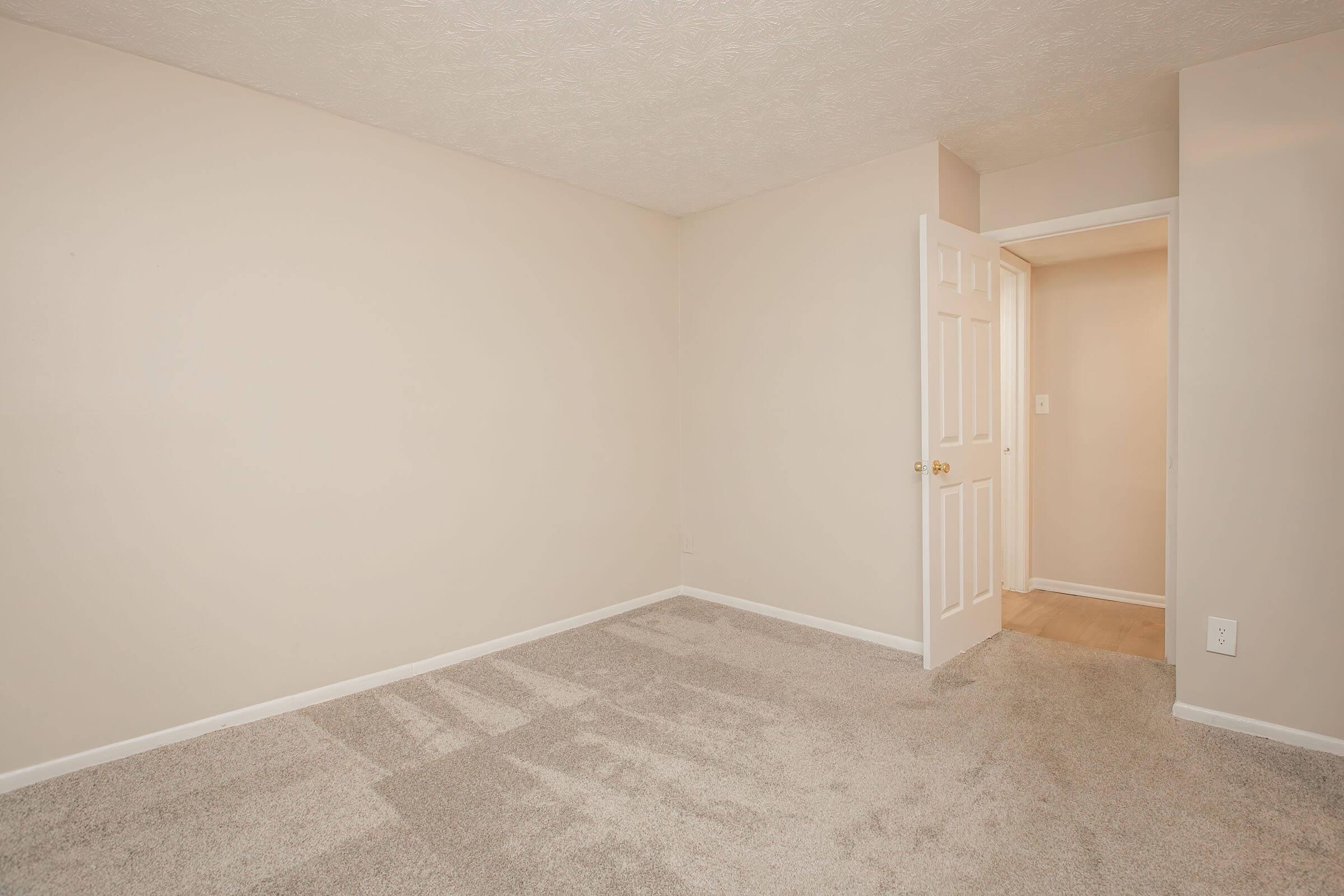 Empty room with light beige walls and grey carpet. A closed white door is visible on the left, leading to another area. The room has no furniture, creating a spacious and minimalistic appearance. Natural light may be filtering in from the doorway.