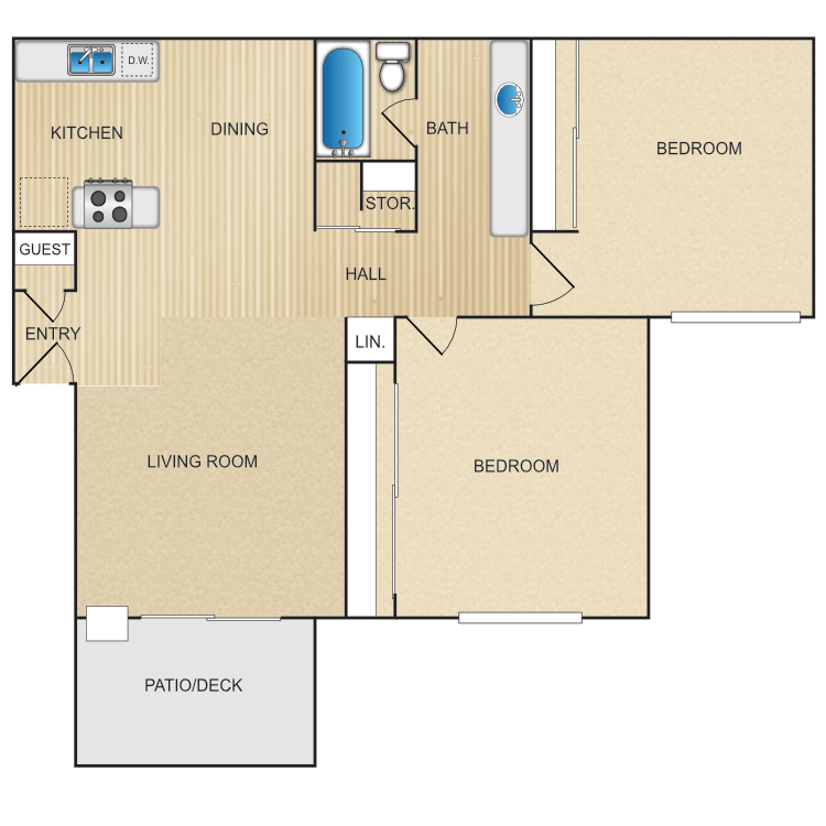 Plan B, a 2 bedroom 1 bathroom floor plan.