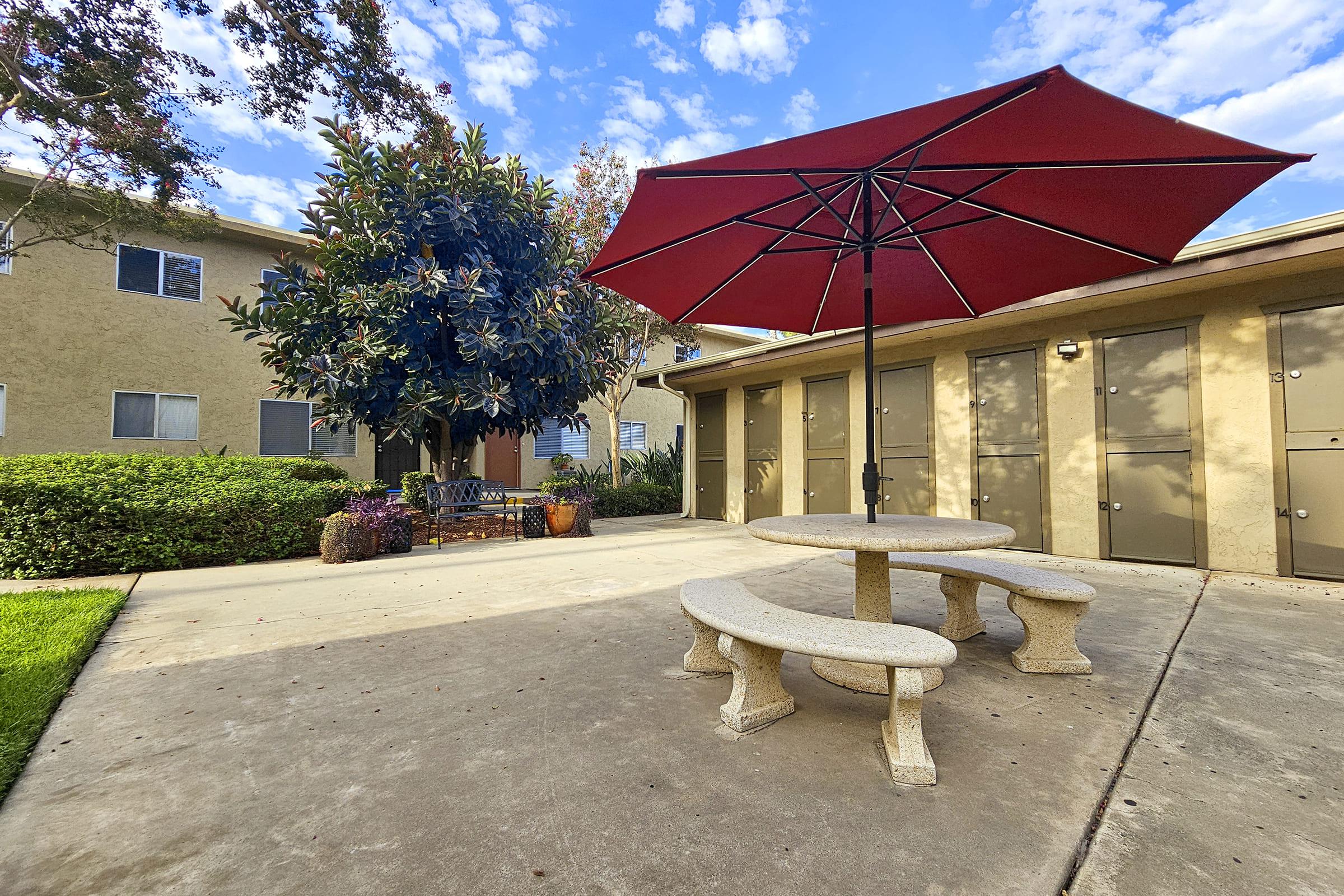 a bench in front of a building