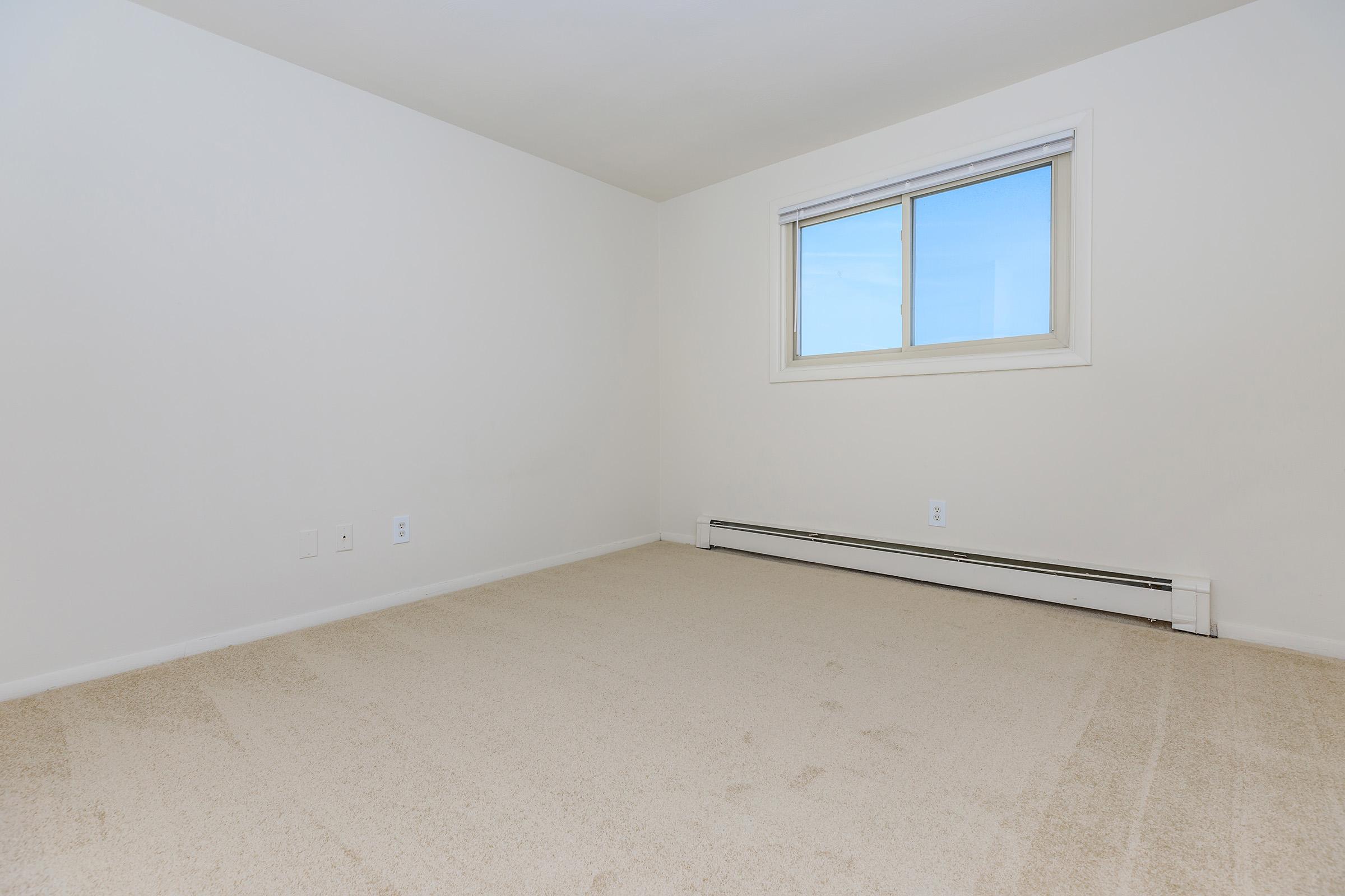 Empty room with beige carpeting, white walls, and a single window allowing natural light to enter. The space is undecorated and features baseboard heating along the wall.