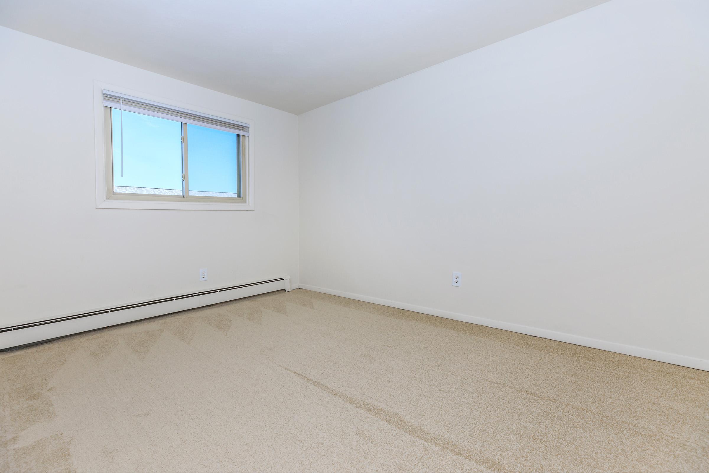 Empty room with beige carpet and light-colored walls. A single window on the far wall allows natural light to enter. The space is uncluttered and minimalistic, creating a bright and airy atmosphere.